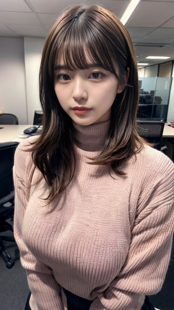 highest quality,Very detailed,finely,High resolution,8k wallpaper,Perfect dynamic composition,Office Lady,whole body,Are standing,Pink knitwear,turtleneck,Shedding bangs,finel beautiful eyes,Natural Lip,(Saggy breasts:1.3