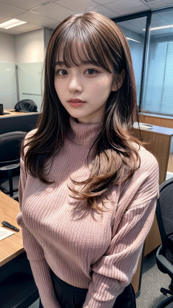 highest quality,Very detailed,finely,High resolution,8k wallpaper,Perfect dynamic composition,Office Lady,whole body,Are standing,Pink knitwear,turtleneck,Shedding bangs,finel beautiful eyes,Natural Lip,(Saggy breasts:1.3