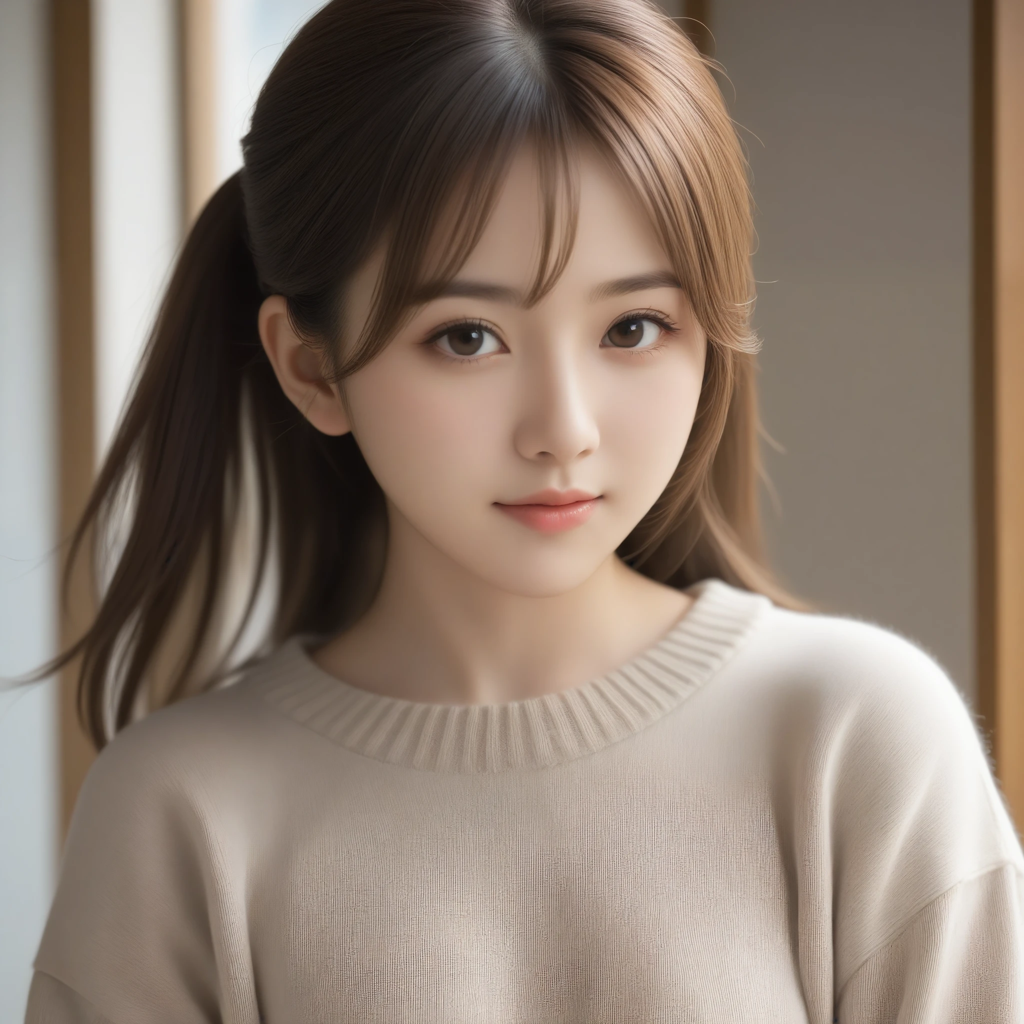 8k, Ultra-high resolution, highest quality, masterpiece, Rule of thirds photography,Surreal, photograph, 1 girl, (16 years old:1.3), pretty girl, Cute Face, Beautiful eyes in every detail, 細かくdetailedに,masterpiece,, One Girl:1.2, Japan Female Announcer, Beautiful school girl, Light brown long hair, Beautiful light brown eyes, Blushed, (Japanese Idols:1.5), Plump breasts, (Knitted sweater :1.3) , Looking at the audience, Cowboy Shot, Sandown City, ,Looking at the audience、beauty,Long neck、Laugh a little、Please close your mouth and laugh、(((Ideal body type))),A cup small breasts :2,whole body、Perfect Anatomy、鮮明なdetailed、detailed、Surreal、Light and shadow,Strong light