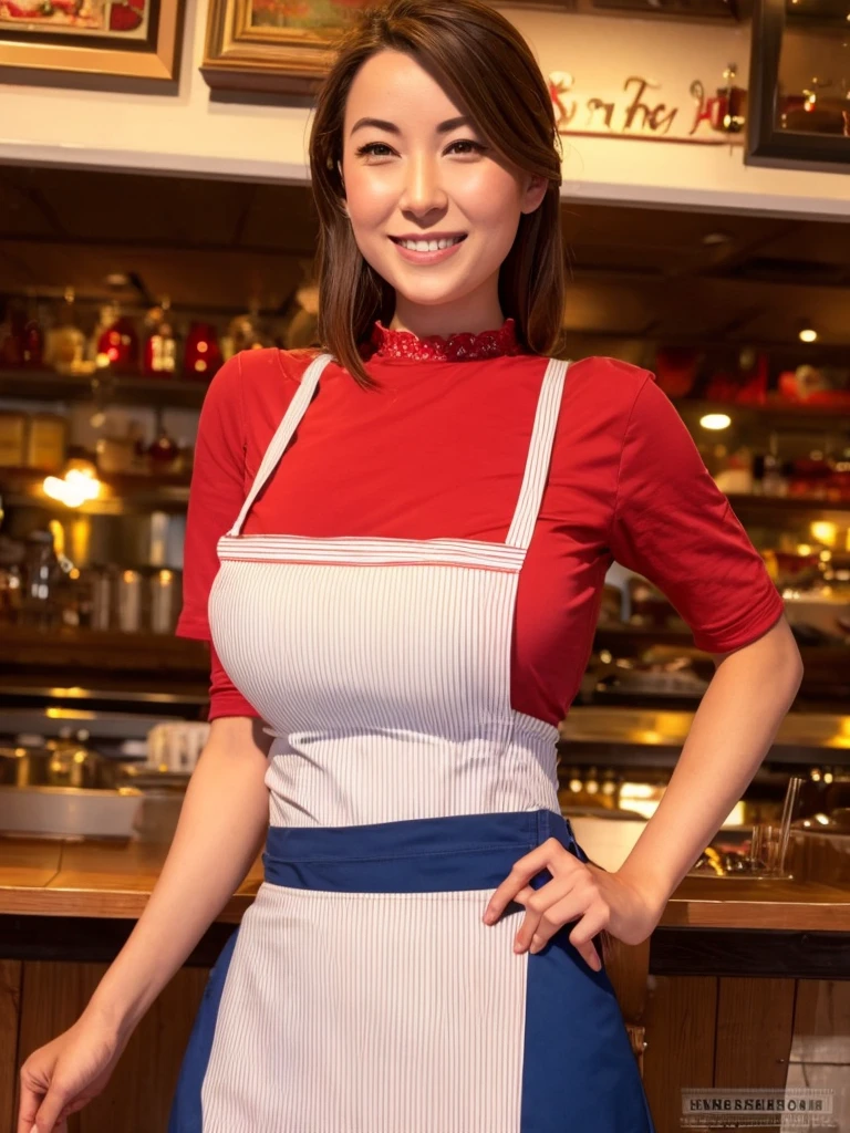 One girl,Huge breasts,alone,Anna Miller ,waitress,Name tag,High Waist Skirt,Red suspender skirt,apron, From below,smile, Mouth closed,restaurant,highest quality