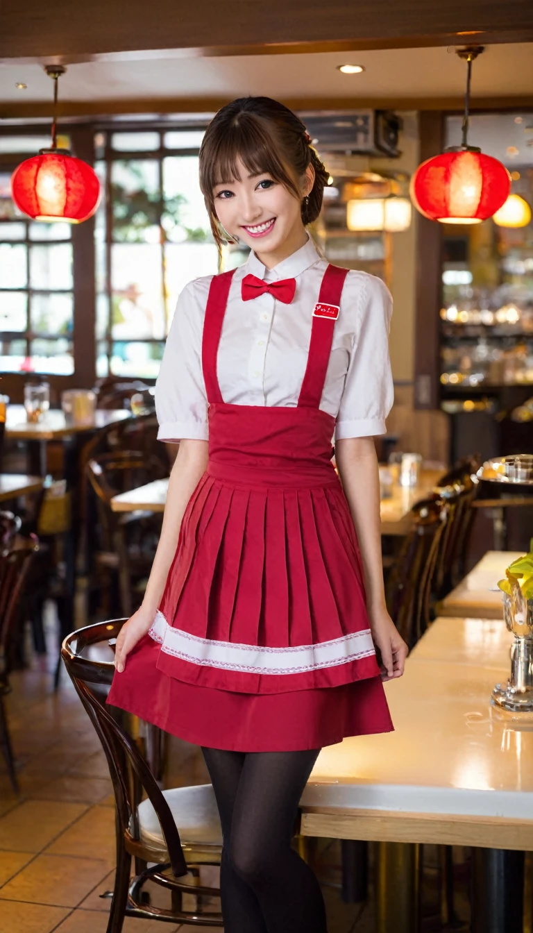 One Japanese girl,Huge breasts,alone,Anna Miller ,waitress,Name tag,High Waist Skirt,Red suspender skirt,apron,
From below,smile,  Mouth closed,restaurant,highest quality
 