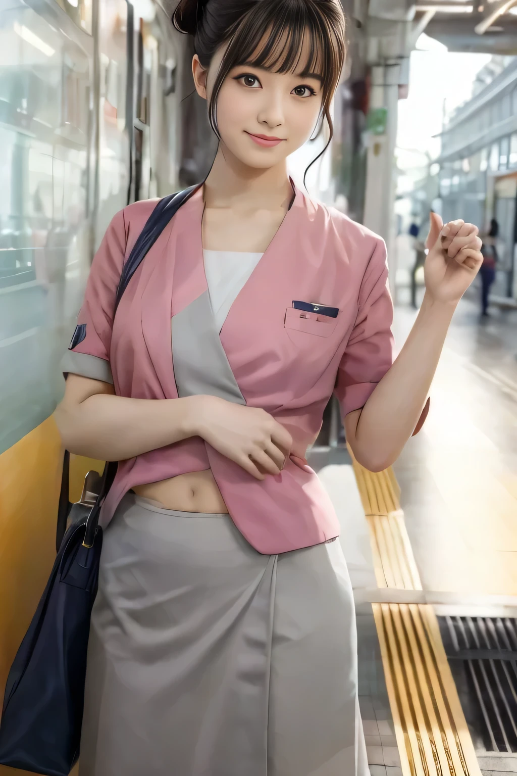 (masterpiece:1.2, highest quality:1.2), 32K HDR, High resolution, (alone、1 girl)、(At the station platform in the afternoon、Professional Lighting)、Background of an empty station platform、(Nankai train crew uniform pinkを着たリアルスタイル)、(Nankai train crew uniform pink short sleeve pink jacket、Nankai Train Crew Uniform Pink Collarless Short Sleeve Blouse、Nankai Train crew uniform pinkのグレー色のキュロットスカート)、Scarf around the neck、Dark brown hair、(Hair tied up、Hair Bun、Hair Bun)、Dark brown hair、Long Shot、Big Breasts、Thin legs、((Great hands:2.0)),((Harmonious body proportions:1.5)),((Normal limbs:2.0)),((Normal finger:2.0)),((Delicate eyes:2.0)),((Normal eyes:2.0)))、smile、(Nankai Train crew uniform pinkのグレー色のキュロットスカートを見せた美しい立ち姿)、Place your hands around your stomach、I have nothing in my hands