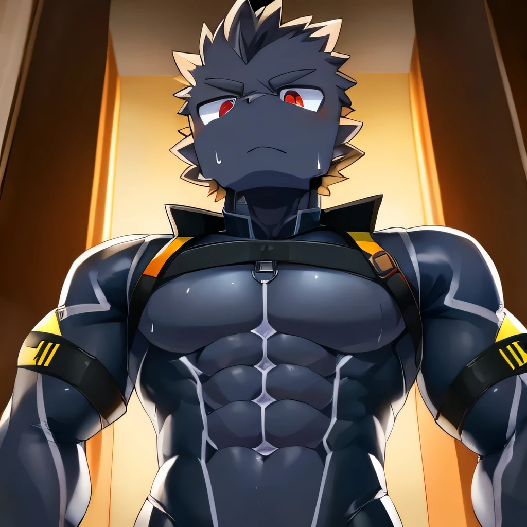 Thin macho　western black dragon　　abs　　　　　Hollow abs　　body suit　　thick arms　　　chest rig　　　、sweaty　　　skin glow　　profile　　Wearily　short of breath　　  　Chemo shota
jacket