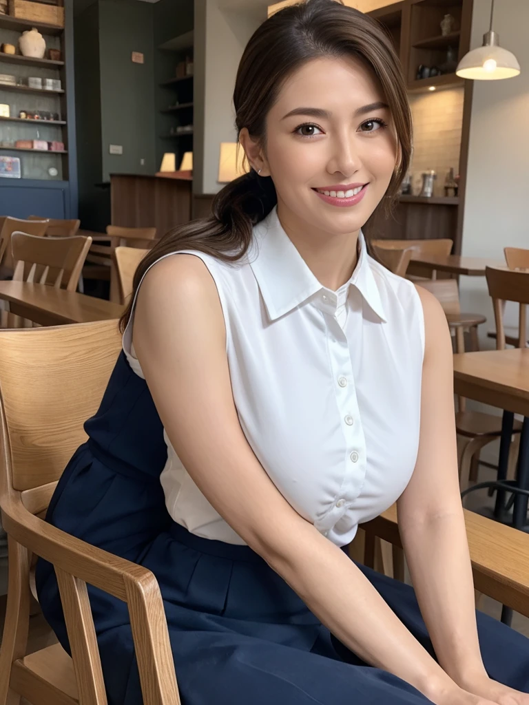 highest quality, masterpiece, High resolution, Photorealistic, RAW Photos, 8k wallpaper, perfection, Professional and bright lighting, Very detailed,(Big Breasts),(Tight waist),(Thin and beautiful legs), whole body, ((View your viewers)), Detailed face, Beautiful Eyes,smile,Braid,Sleeveless buttoned and collared shirt,Navy blue long skirt,An elegant pose,Sit on a chair in a cafe,I have a book