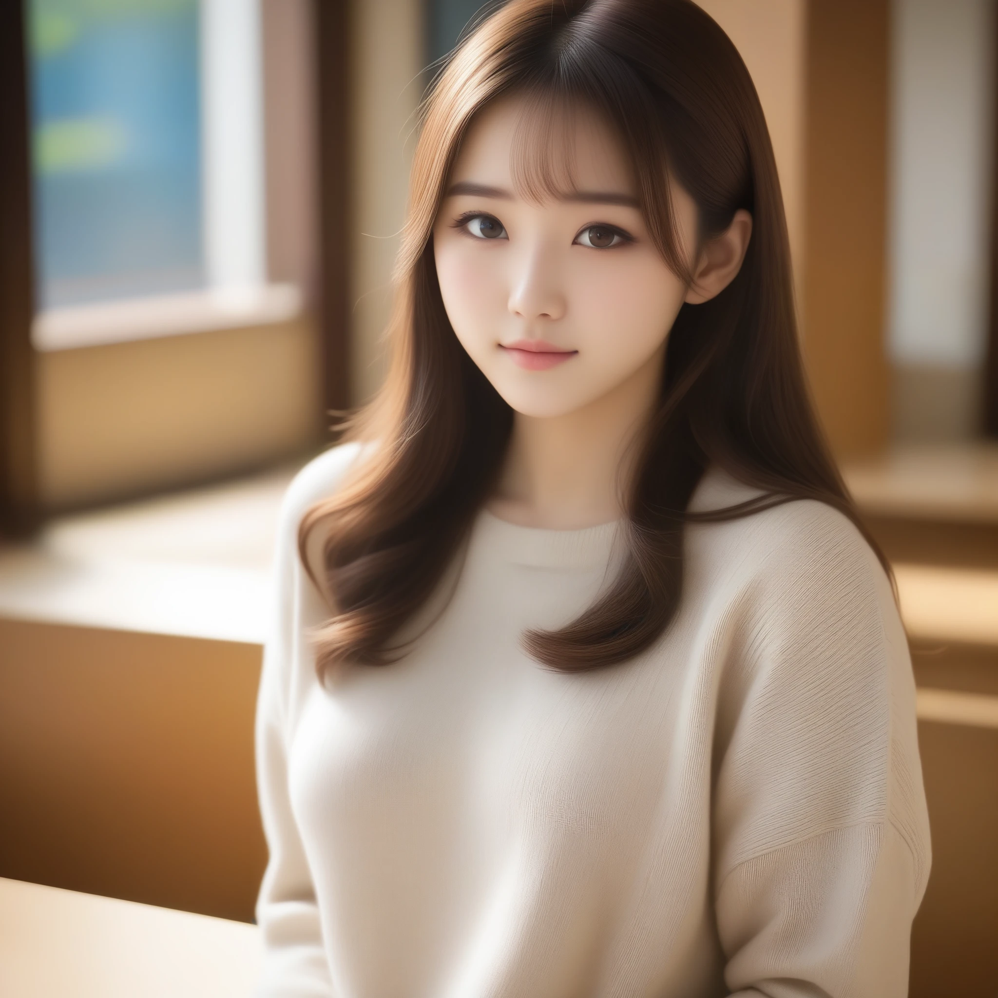 8k, Ultra-high resolution, highest quality, masterpiece, Rule of thirds photography,Surreal, photograph, 1 girl, (16 years old:1.3), pretty girl, Cute Face, Beautiful eyes in every detail, 細かくdetailedに,masterpiece,, One Girl:1.2, Japan Female Announcer, Beautiful school girl, Light brown long hair, Beautiful light brown eyes, Blushed, (Japanese Idols:1.5), Plump breasts, (Knitted sweater :1.3) , Looking at the audience, Cowboy Shot, Sandown City, ,Looking at the audience、beauty,Long neck、Laugh a little、Please close your mouth and laugh、(((Ideal body type))),A cup small breasts :2,whole body、Perfect Anatomy、鮮明なdetailed、detailed、Surreal、Light and shadow,Strong light