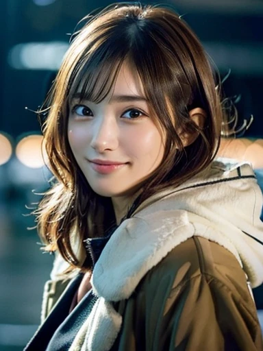 One Girl,(Spring Coat:1.4), (one piece:1.4),(RAW Photos, highest quality), (Realistic, Photorealistic:1.4),((whole body)),((View from the front)), Very delicate and beautiful, Very detailed, 8k wallpaper, wonderful, In detail, Very detailedなCG Unity, High resolution,Very clear, Soft Light, Beautifully detailed 19 year old girl, Very detailedな目と顔, Beautifully detailed nose, Beautiful fine details,Cinema Lighting,City lights at night,Perfect Anatomy,Slender body,(smile), (My hair is messy, Asymmetrical bangs, Dark brown hair,Medium Wave:1.4)