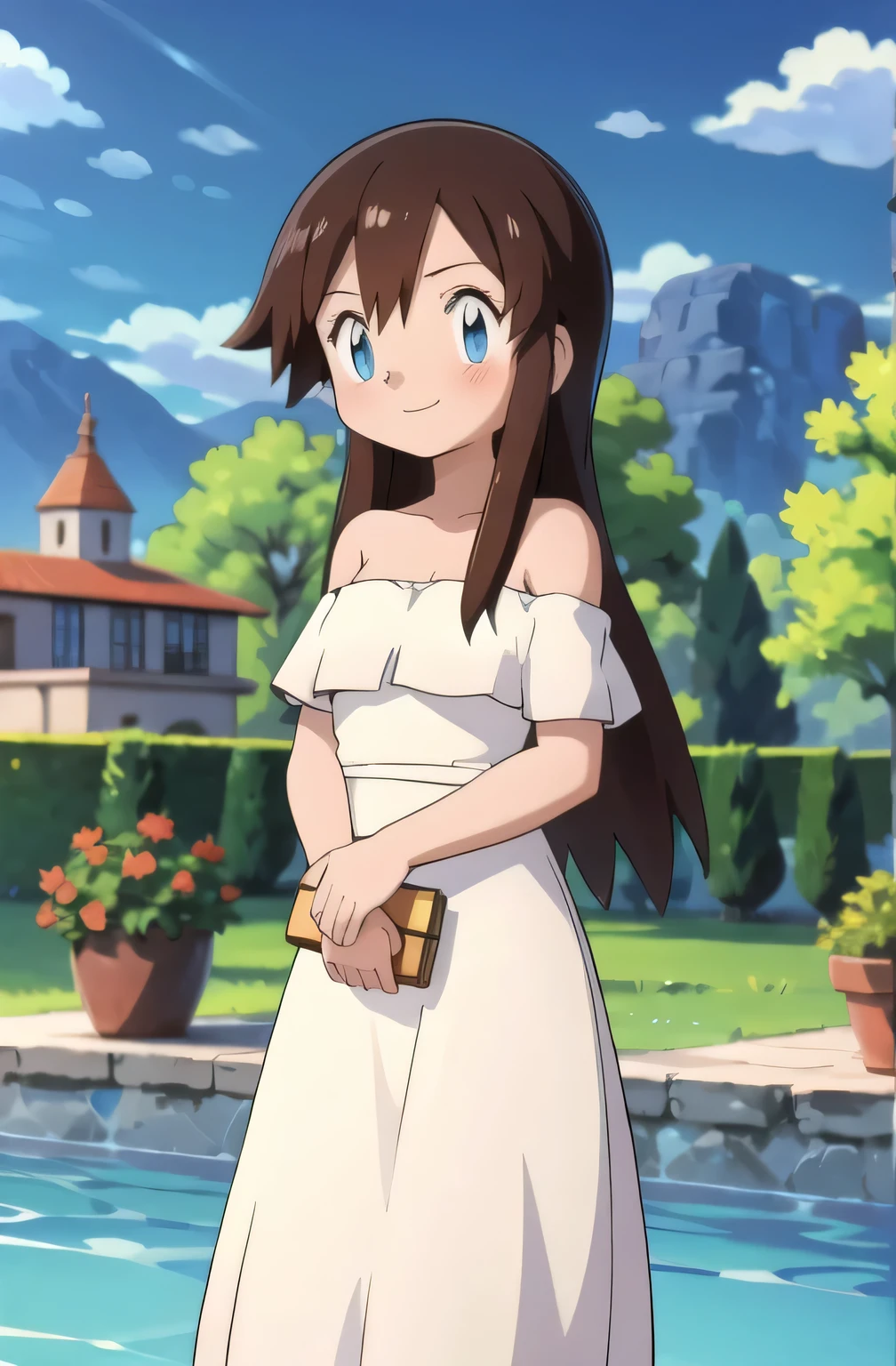 Melody_Pokemon, blue eyes, long hair, brown hair, smile, cowboy shot, facing viewer,, absurdres, ultra detailed, masterpiece, best quality, Teenager, masterpiece, best quality, Blushing, Bare Neck, Bare Shoulders, strapless, White ruffle off the shoulder maxi dress. Standing up. Cowboy shot. A landscape of blue skies, a mountain, a mansion, an garden maze, a water pool