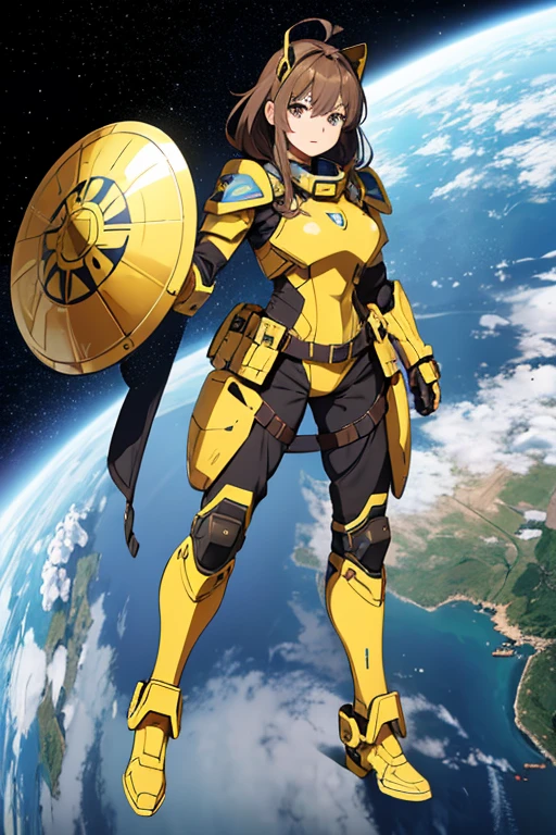 Anime drawings、Full body portrait、Space Sci-Fi Soldier、A female gatekeeper, around 180cm tall and around 37 years old, wearing yellow bulletproof armor and holding a large square shield.、A tense face、He wears a helmet on his head、Brown Hair、Brown eyes、Yellow Boots、Yellow shoulder armor