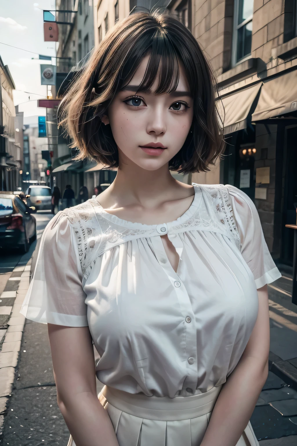 a beautiful high school girl, white blouse, short pleated skirt, large breasts, fluffy short bob haircut, bright city street, (best quality,4k,8k,highres,masterpiece:1.2),ultra-detailed,(realistic,photorealistic,photo-realistic:1.37),extremely detailed eyes and face,longeyelashes,beautiful detailed lips,beautiful detailed eyes,detailed ,detailed cityscape,vibrant colors,soft lighting,cinematic composition