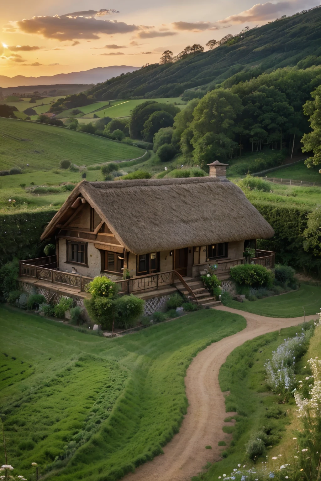 a beautiful countryside villa, a rustic farmhouse, a picturesque rural landscape, a serene countryside scene, a quaint countryside cottage, an idyllic country estate, a charming country manor, a peaceful rural homestead, a tranquil country retreat, a cozy countryside cabin, (best quality,4k,8k,highres,masterpiece:1.2),ultra-detailed,(realistic,photorealistic,photo-realistic:1.37),intricate details, lush greenery, rolling hills, winding dirt paths, a wooden fence, a thatched roof, a stone chimney, a flower garden, a vegetable patch, a wooden porch, rocking chairs, warm lighting, golden hour, vibrant colors, natural tones, cinematic lighting
