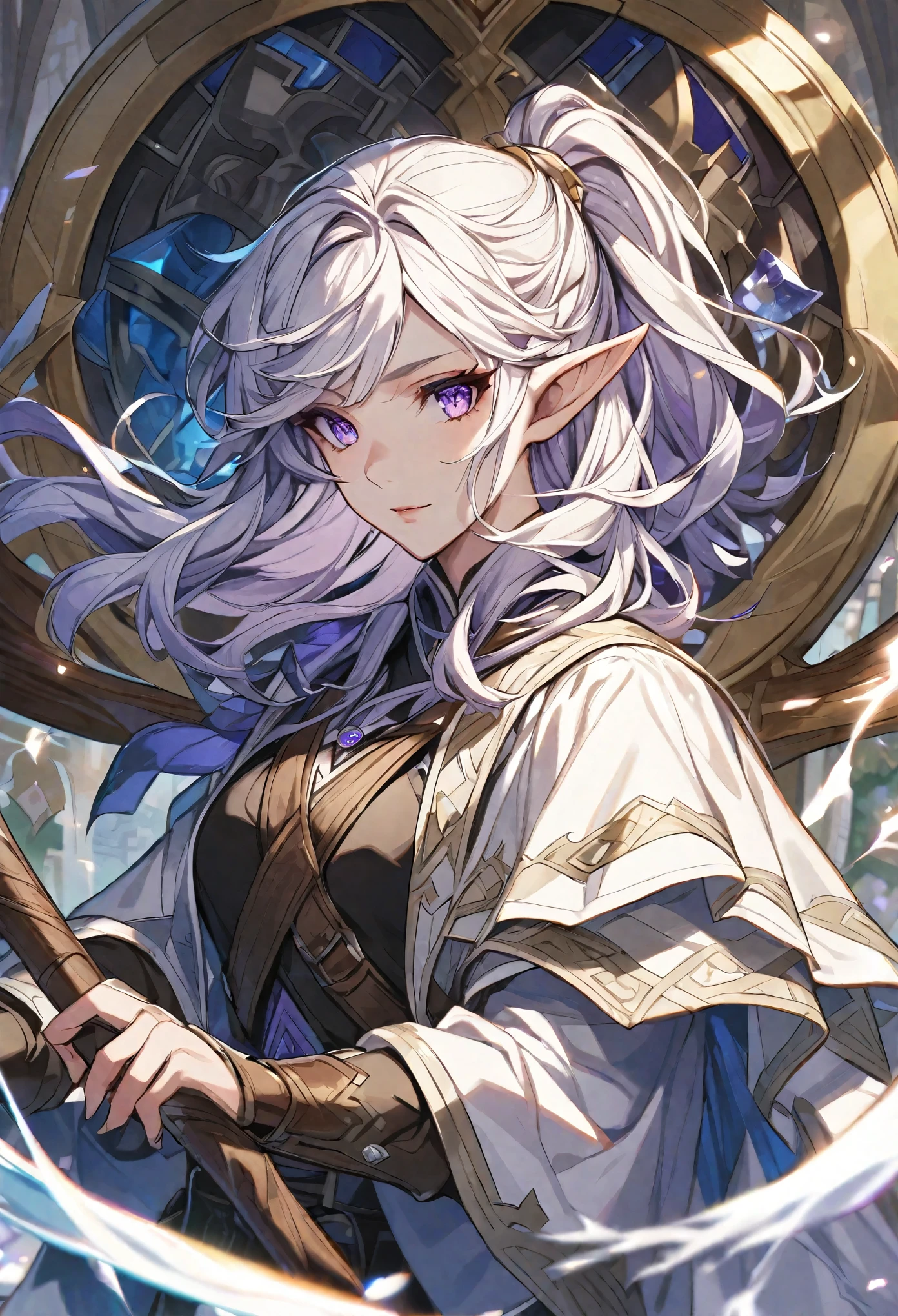 Solo, 1 female, beautiful, medium platinum hair with bangs, half up half down hair, purple eyes, white coat, D&D, elf, mediaval, bard