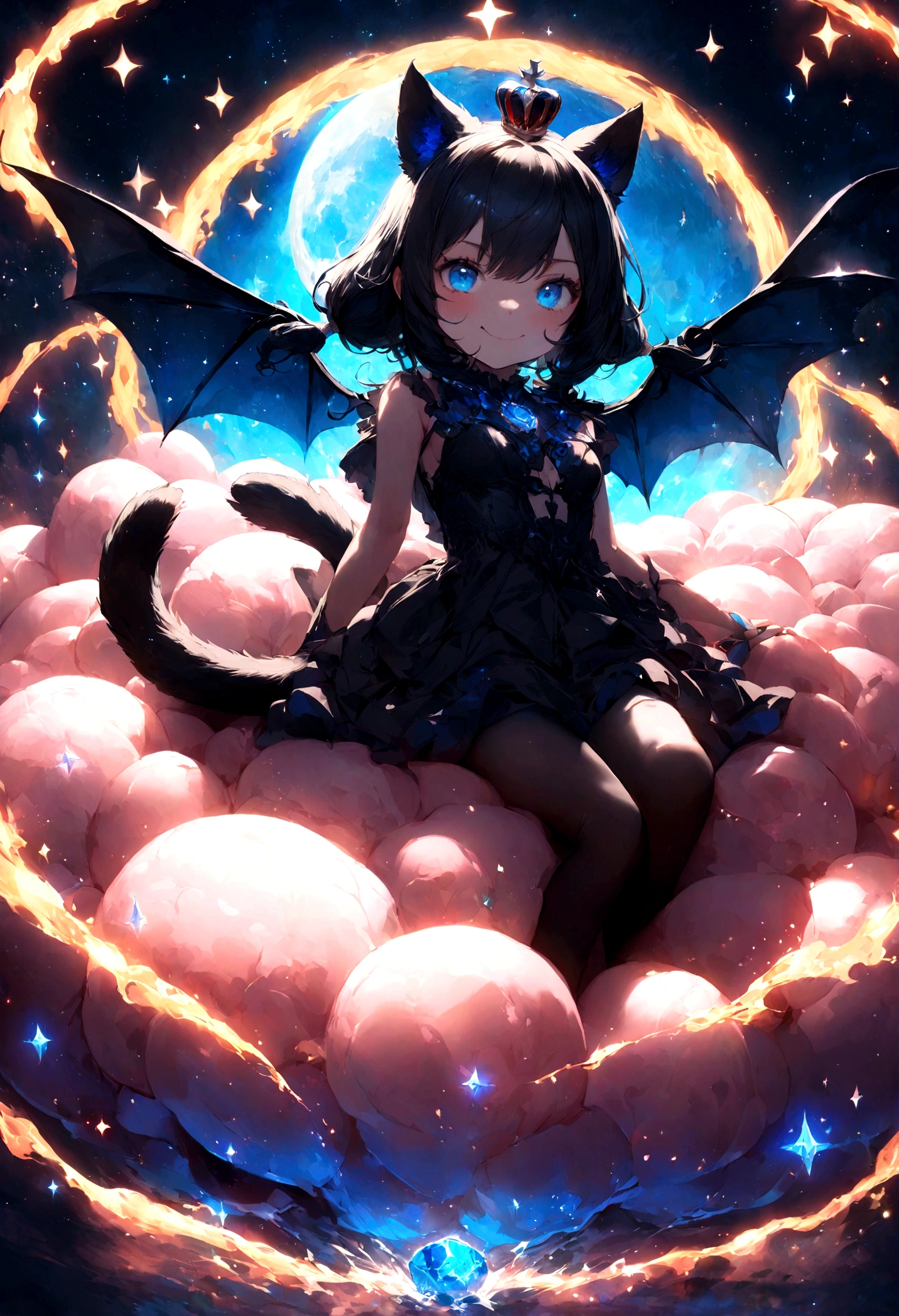 Young Girl、Cute black cat ears、Beautiful blue eyes、Black crown、Black and blue vampire wings、Bad Smile、Rin々Funny face、beautiful、blue Moon、Lots of blue light、magic、gem、Lots of sparkles、Fantasy black cat,AmbiLight,The colors are vivid and bright,Black background,haze,Detailed depiction,Rich details,Explosion of imagination,Surreal,Ultra-realistic,masterpiece,8k,Light,Tyndall effect