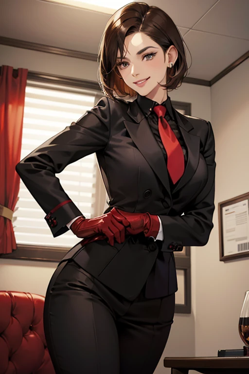 A mature woman with short brown hair, wearing a black suit with red patent leather gloves in an office, is holding a penis in her tie and looking down coldly with a smile