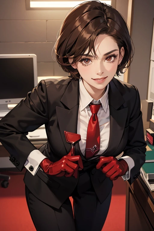 A mature woman with short brown hair, wearing a black suit with red patent leather gloves in an office, is holding a penis in her tie and looking down coldly with a smile