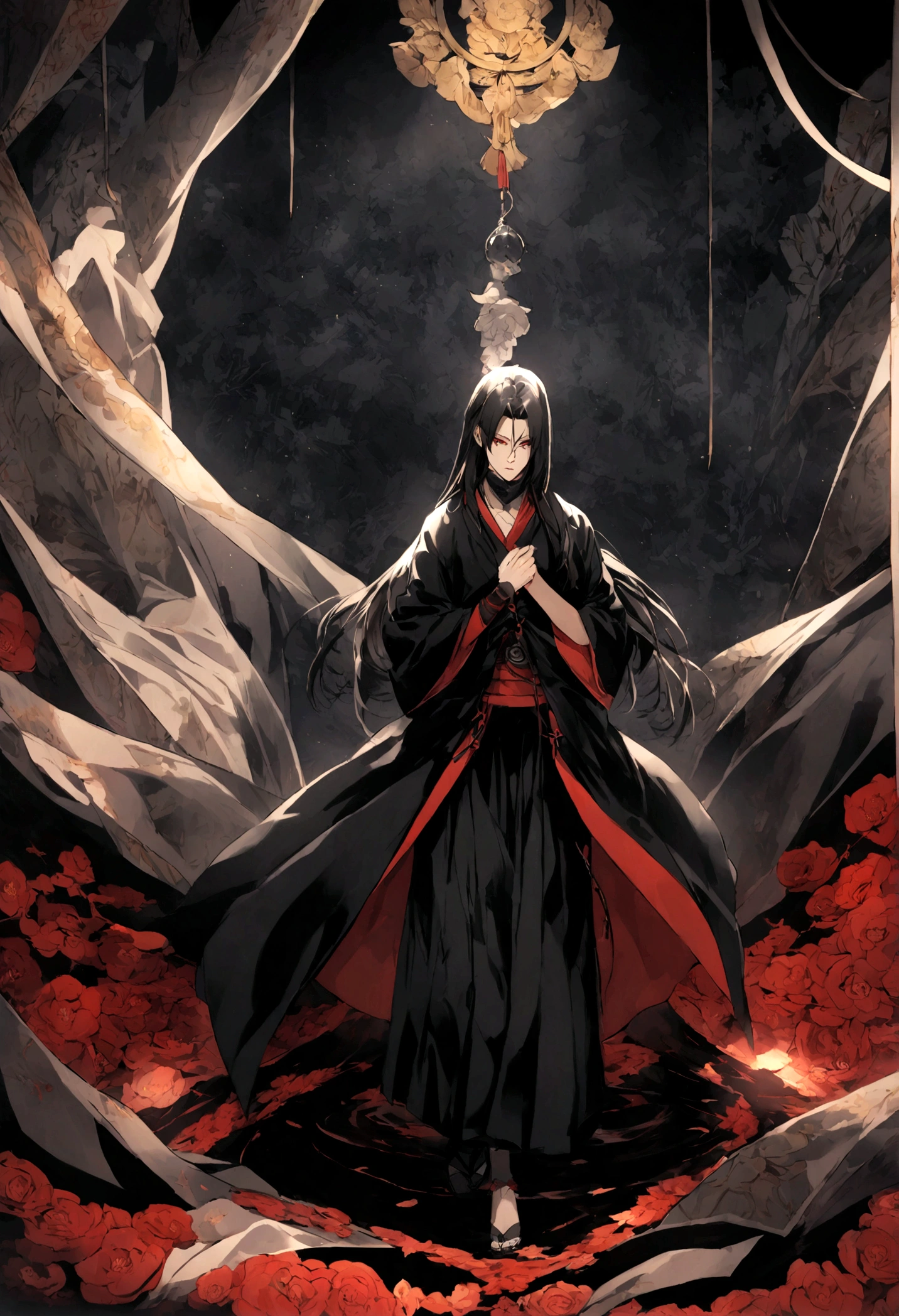 Enter the enigmatic world of Uchiha Itachi, a figure shrouded in mystery and complexity. Clad in his iconic cloak, the darkness seems to linger around him, hinting at the shadows of his past and the weight of his sacrifices. His piercing gaze betrays a depth of wisdom and sorrow, a reflection of the burdens he carries as a shinobi with a tumultuous past. As a member of the renowned Uchiha clan, Itachi's presence exudes a blend of power and restraint, an embodiment of the clan's legacy and tragic history. His attire bears the distinct Uchiha symbol, a reminder of his heritage and the path he has walked. In this portrayal, Itachi stands as a formidable yet enigmatic figure, captivating viewers with his stoic demeanor and inscrutable expression. His character is a tapestry of contradictions, a mix of darkness and light, strength and vulnerability, making him a compelling and multifaceted individual in the world of shinobi. Immerse yourself in the enigma of Uchiha Itachi, where shadows and light dance upon his visage, revealing only fragments of the intricate tapestry that is his story. Explore the depths of his character and the legacy he carries, as he walks the fine line between darkness and redemption in the ever-evolving world of ninjutsu and shinobi warfare. Banda en la cabeza con el simbolo de la aldea de la hoja, la banda es de metal debajo tiene cuero negro.