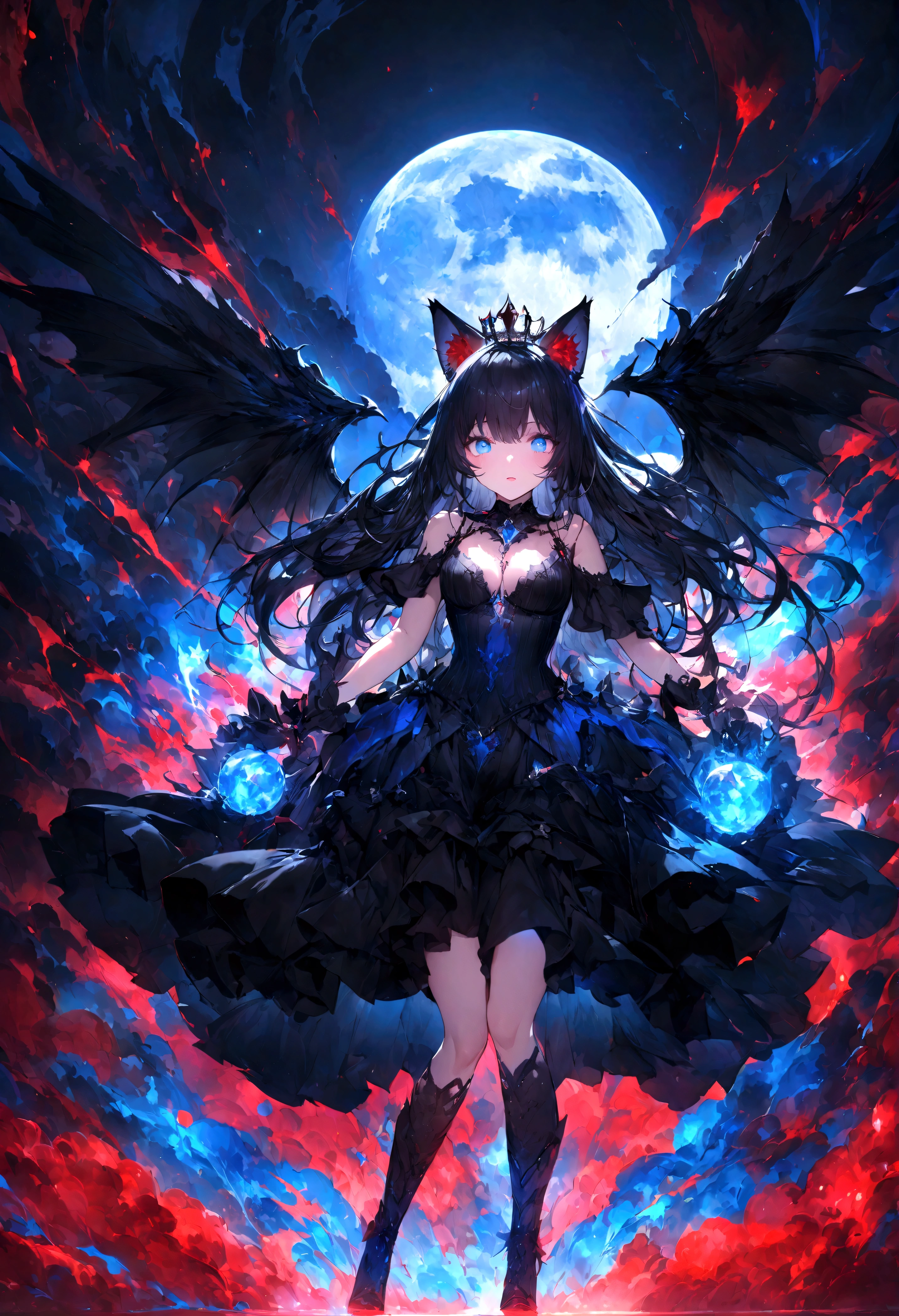 Young Girl、Marine Sailor、Sparkling blue eyes、beautiful目、Strong Eyes、Black wings、Black Crown、girl、whole body、Black Hair、Cute black cat ears、beautiful青い目、Black Crown、Black and blue vampire wings、Glare、Also々funny Face、beautiful、blue Moon、Lots of shining light、gem、Lots of blue light、Fantasy black cat,AmbiLight,The colors are vivid and bright,Black background,haze,Detailed Description,Rich details,An explosion of imagination,Surreal,Ultra-realistic,masterpiece,8k,Light,Tyndall effect