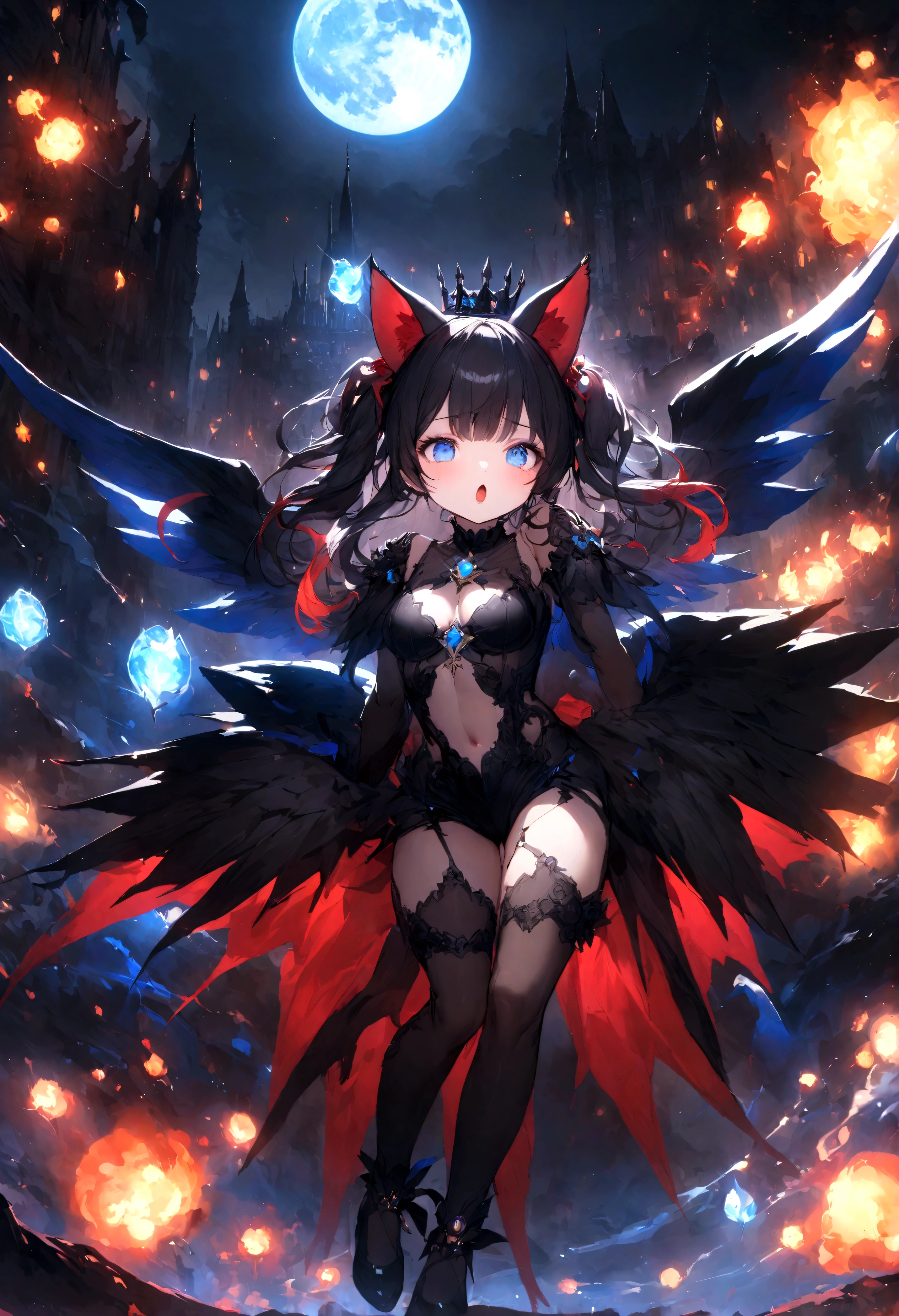 Young Girl、Marine Sailor、Sparkling blue eyes、beautiful目、Strong Eyes、Black wings、Black Crown、girl、whole body、Black Hair、Cute black cat ears、beautiful青い目、Black Crown、Black and blue vampire wings、Glare、Also々funny Face、beautiful、blue Moon、Lots of shining light、gem、Lots of blue light、Fantasy black cat，AmbiLight，The colors are vivid and bright，Black background，haze，Detailed Description，Rich details，An explosion of imagination，Surreal，Ultra-realistic，masterpiece，8k，Light，Tyndall effect