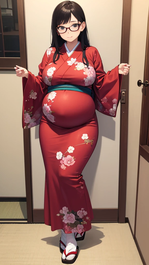 (Full body, glasses), An image of a pregnant girl with her belly on full display wearing japanese clothes. She is a very voluptuous lady