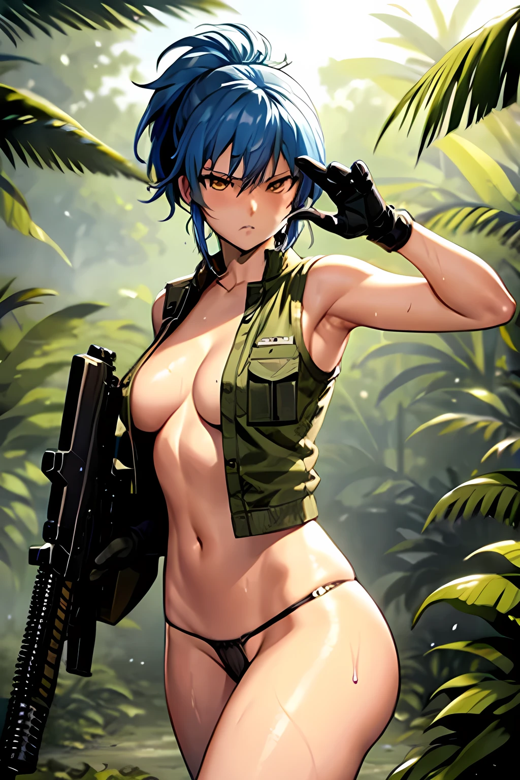 masterpiece, best quality, anime 1990s \(style\, leona heidern, sexy, naked, thong ,open vest., jungle, tactical, pony tail, serious, cammo, army, soldier, blue hair, warfare, war, wet, gloves, sexy pose