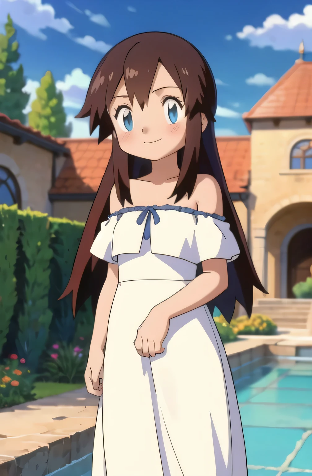 Melody_Pokemon, blue eyes, long hair, brown hair, smile, cowboy shot, facing viewer,, absurdres, ultra detailed, masterpiece, best quality, Teenager, masterpiece, best quality, Blushing, Bare Neck, Bare Shoulders, strapless, White ruffle off the shoulder maxi dress. Standing up. Cowboy shot. A landscape of blue skies, a mountain, a mansion, an garden maze, a water pool