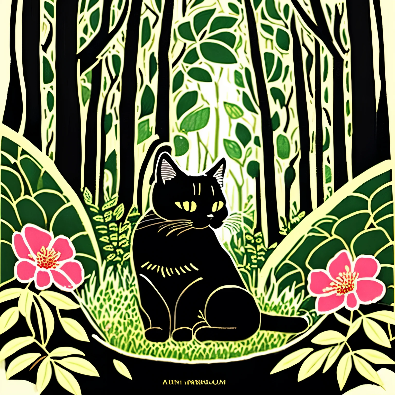 there is a black cat that is sitting in the bushes, cat in the forest, by André Beauneveu, by Ni Tian, beautiful illustration, by Yang J, jen bartel, by Eizan Kikukawa, 🌺 cgsociety, by Zofia Stryjenska, by Ni Duan, by Andrée Ruellan, by Jean Hélion