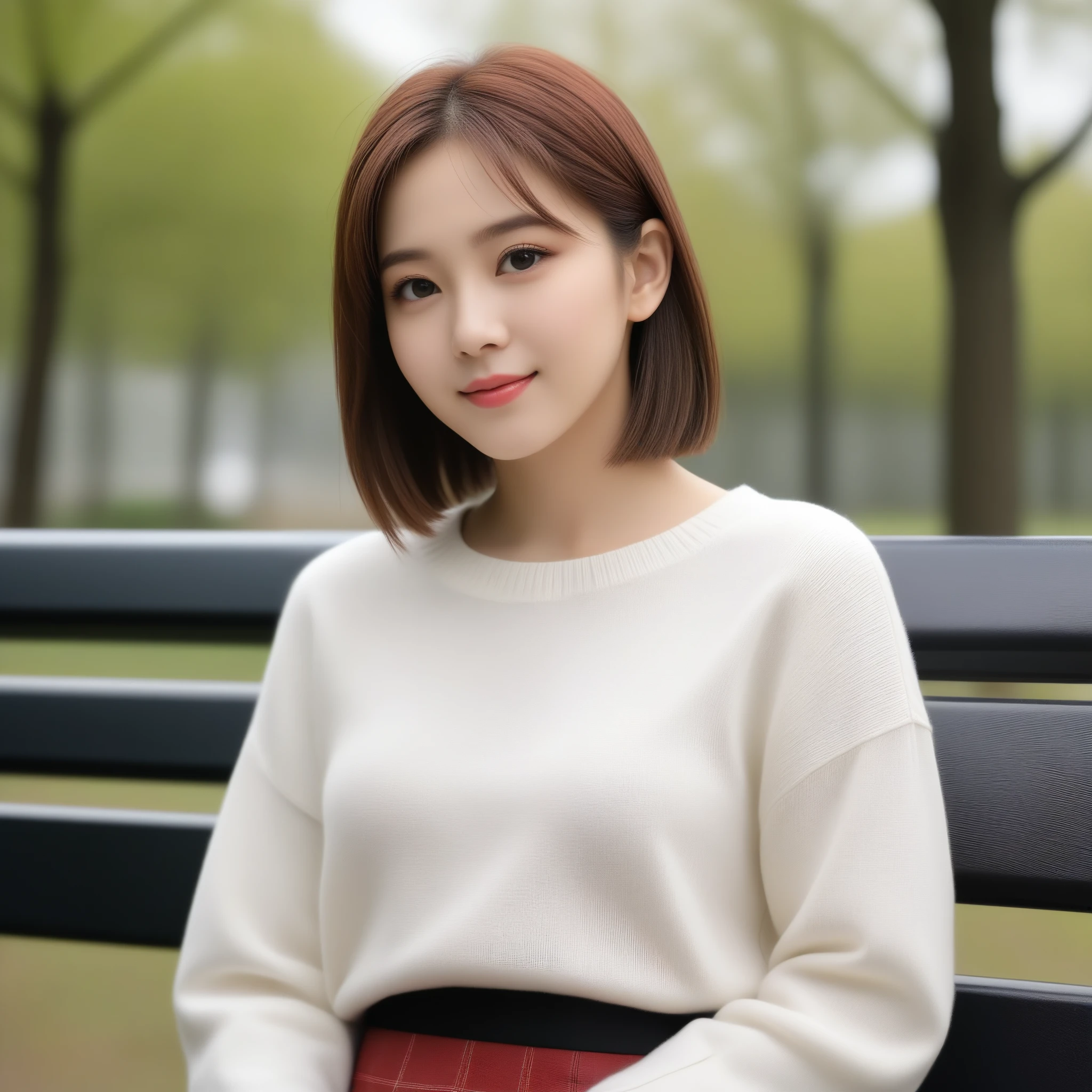 8k, Ultra-high resolution, highest quality, masterpiece, Rule of thirds photography,Surreal, photograph, 1 girl, (16 years old:1.3), pretty girl, Cute Face, Beautiful eyes in every detail, 細かくdetailedに,masterpiece,, One Girl:1.2, Japan Female Announcer, プロのカメラマンが撮影したphotograph，Laughter:1.5， Wear a sweater, Brown short hair, 若くてpretty girl, Wearing a flared skirt，Wear stylish boots，sitting on a park bench:1.5，Flashy makeup using red eyeshadow，,Looking at the audience、beauty,Long neck、Laugh a little、Please close your mouth and laugh、(((Ideal body type))),A cup small breasts :2,whole body、Perfect Anatomy、鮮明なdetailed、detailed、Surreal、Light and shadow,Strong light