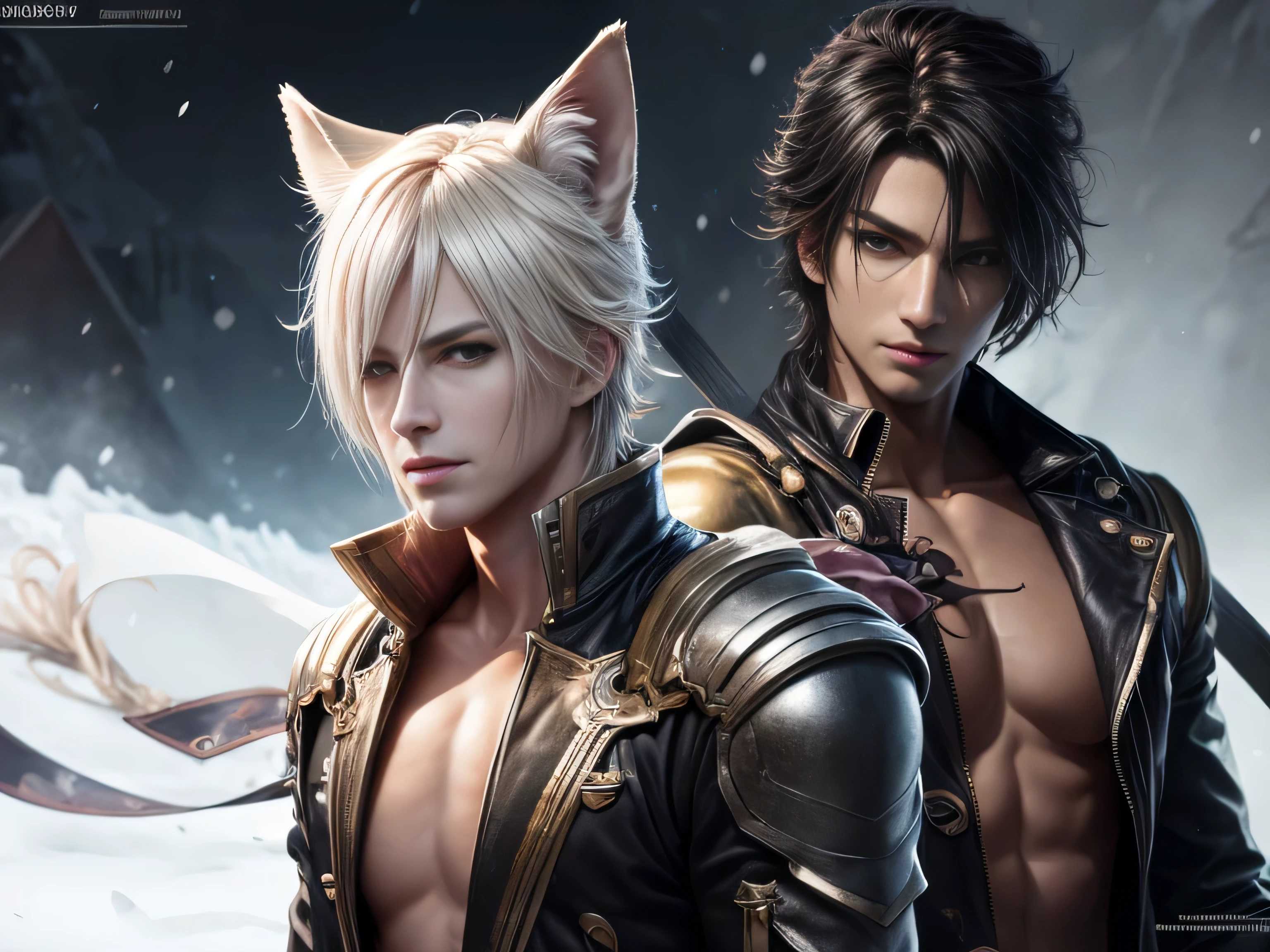 (Best Quality, 8K, Masterpiece, HDR, Soft Lighting, Picture Perfect, Realistic, Vivid), Black-haired guy with fox ears and baby fox animal lie on the snow, on the mountainside, Anime Illustrations, Beautiful Illustrations, Exquisite Digital Illustrations, Realistic digital anime, realistic digital anime art, (ultra high quality fantasy art), masterpiece, male model, ultra high quality male character designs, anime art with 8k development, realistic anime art, highest quality wallpaper illustrations, complex ultra high quality accurate male characters faces, high quality design and accurate physics (super-quality fantasy style)), art, dark fantasy)) Style), masterpieces, super-quality characters, anime resolution - 8K, realistic anime art, wallpapers with the highest quality illustrations, ultra-high detail of faces, high-quality design and physics accuracy), color, depth of field, shadows, ray tracing, production of high-quality computer wallpapers and 8K resolution, (Accurate simulation of the interaction of light and materials)], [High-quality detailed hair [More about beautiful and shiny red hair]], (Beautifully detailed hands [perfect fingers [Perfect nails]], (perfect anatomy (perfect proportions)))) [[Full length]], [Perfect color combination (Accurate imitation of the interaction of light and material)], [art that conveys the meaning of the story ]