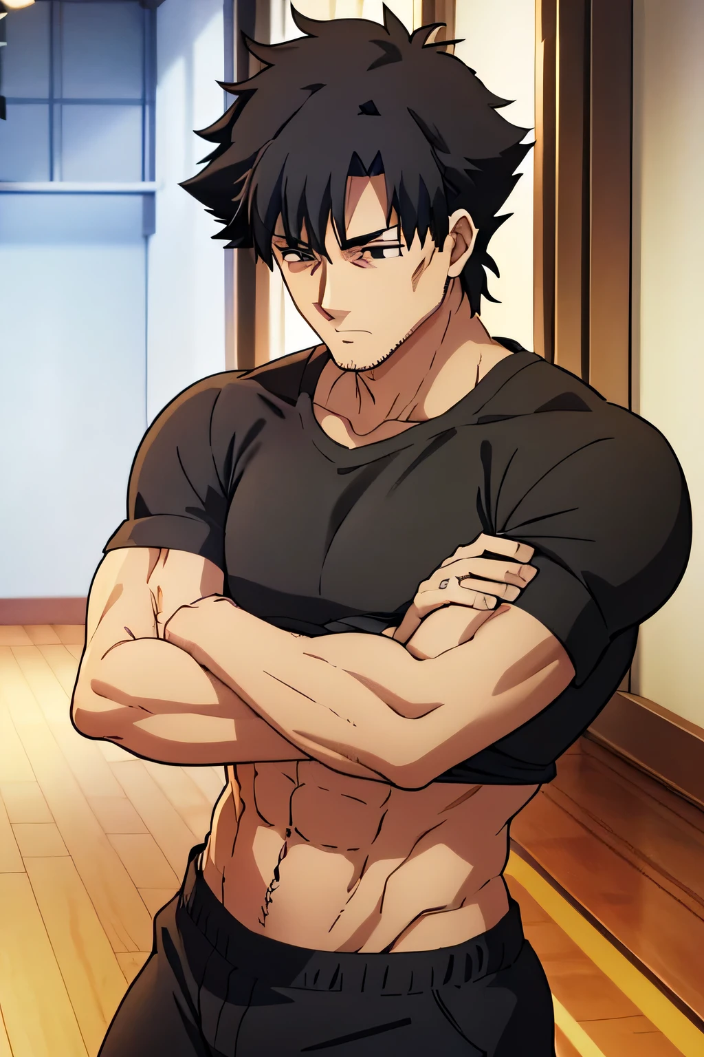 Kiritsugu is sitting and flexing his biceps and abs. He wears black short boxershorts. You can see his thighs. He wears a black tshirt with short sleeves. His right sleeve is completely rolled up so you can see his entire arm and shoulder. He is showing his abs too.