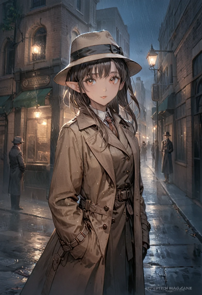 detailed illustration (side view),dynamic angle,ultra-detailed, illustration, pose for the camera, smiling at viewer, clean line art, shading, anime, 2020’s anime style, detailed eyes, detailed face, beautiful face standing on a sidewalk,

Noir Detective, trench coat, fedora hat, radio drama, pulp magazine character, long trench coat, hat, fedora hat, brown coat and matching hat, dark band on hat, 1940’s, ,Noir, beautiful woman, in a open trench coat, night, rain, brown shoulder length hair, brown eyes, hard boiled, female fatale vibes, noir, deep in thought, detective, plup magazine detective, noir vibe

Urban fantasy setting, dark elf, pointed ears, elf, dark skin, tan skin, brown skin, skin kissed by the sun