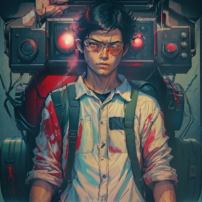 a close-up of a person with a camera in a backpack, estilo de hajime isayama, akira style illustration, estilo de arte akira, estilo katsuhiro otomo, estilo de arte akira, estilo de filme akira, Estilo de Akira Motion Movie, inspirado em Shinji Aramaki, no estilo de akira, em estilo de katsuhiro otomo, coloque um curativos brancos, bloodstained bandaging his eyes and ages the character 5 years