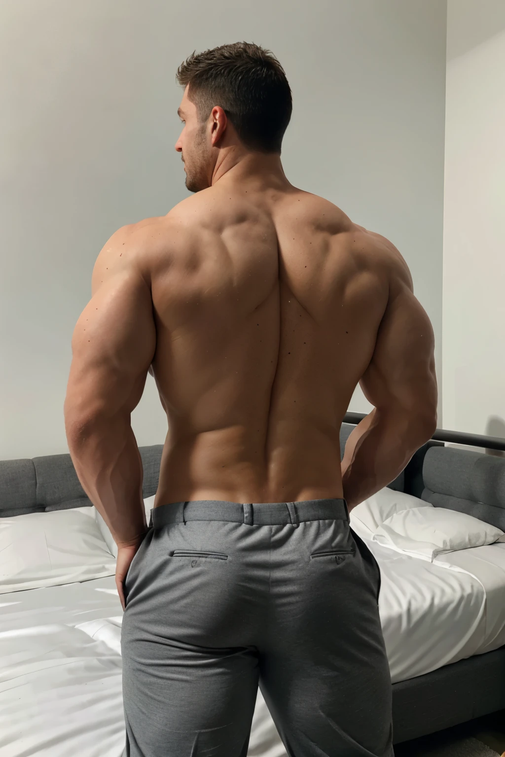 Draw a full-fledged athlete, big muscular body, on the bed,full body, He wears gray formal trousers,The man looks confident and determined,rays of sunshine,cheerful big breasts,Handsome,Crew cut,full bodyesbian (((backside)))
