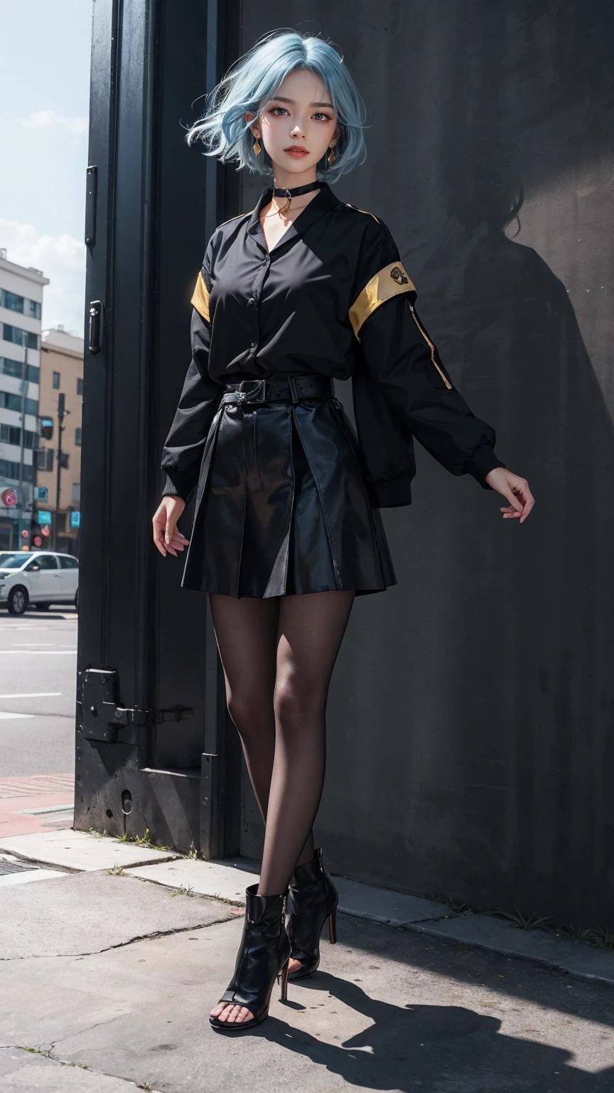 masterpiece, best quality, 4K, ultra-detailed, photorealistic, 1 girl, (A fascinating eye for perfect detail:1.2), smirk, (gold earrings), (short light blue hair), ((letting hair blow in the wind)), black choker, (put on a black jacket without passing it through the sleeves), ((black skirt)), ((white collared shirt)), (long sleeves), (black belt), (black high heels), (front view), (full body), cityscape