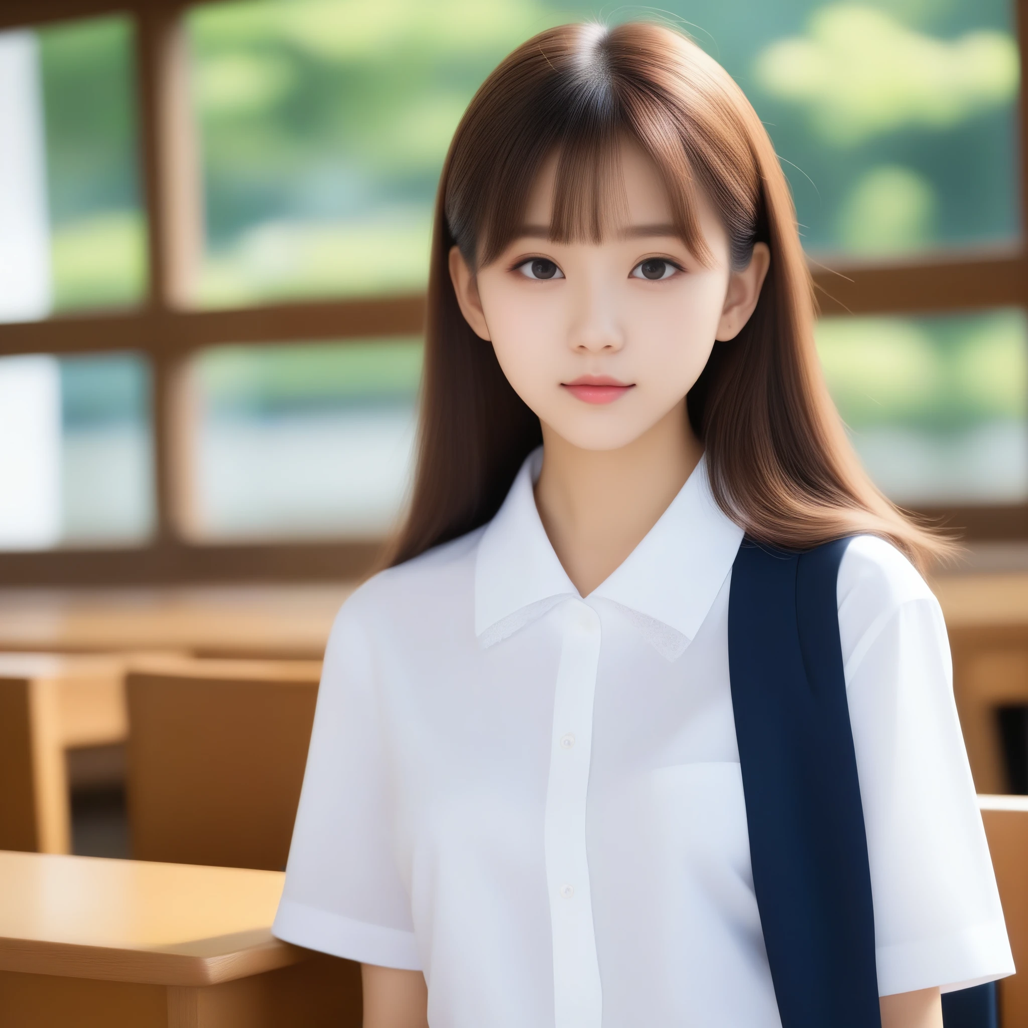 8k, Ultra-high resolution, highest quality, masterpiece, Rule of thirds photography,Surreal, photograph, 1 girl, (16 years old:1.3), cute女の子, cute顔, Beautiful eyes in every detail, 細かくdetailedに,masterpiece,, One Girl:1.2, Japanese high school girls, whole body, (Side view:0.9), (Professional Lighting, Light on the face), 1 girl, cute, Perfect body, View Viewer, The body is slim, (非常にdetailedな目と顔, Beautifully detailed nose, Beautiful fine details), (Beautiful knees, White thighs), (classroom, Wooden desk and wooden chair), ((school uniform, Short sleeve uniform white shirt)), 16 years old, (Semi-long hair, Bob Hair,  Hairside lock), clear、pure,Looking at the audience、beauty,Long neck、Laugh a little、Please close your mouth and laugh、(((Ideal body type))),A cup small breasts :2,whole body、Perfect Anatomy、鮮明なdetailed、detailed、Surreal、Light and shadow,Strong light