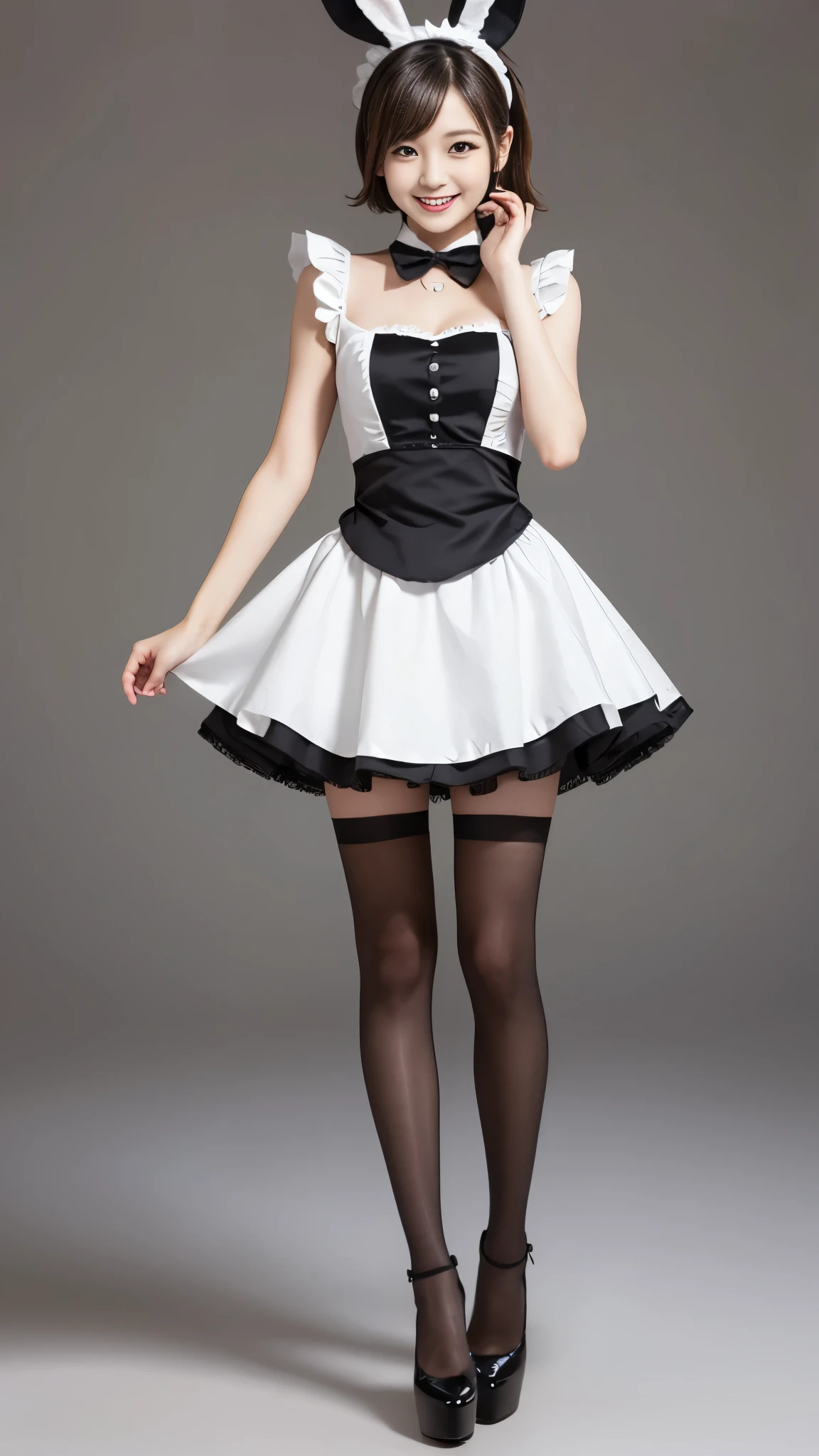 Bunny girl in maid outfit:1.5,Wearing black tights:1.5,The best smile:1.5,Full Body Shot:1.5,Gray background:1.5,Wearing black high heels:1.5,Short hair with side waves:1.5,