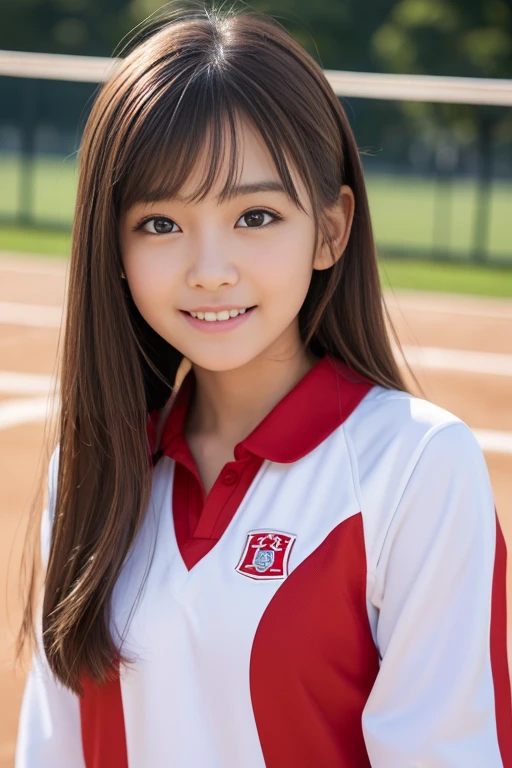 Whole body 1.3,(8k、highest quality、masterpiece:1.2)、(Realistic、Realistic:1.37)、Super detailed、超A high resolution、1 girl、(Beautifully detailed face、Golden ratio face、Balanced Eyes、double eyelid)、Beautiful and detailed skin、Skin Texture、professional、Height of Japanese people 、Elementary school girl、smile、Red volleyball player uniform,Volleyball court、