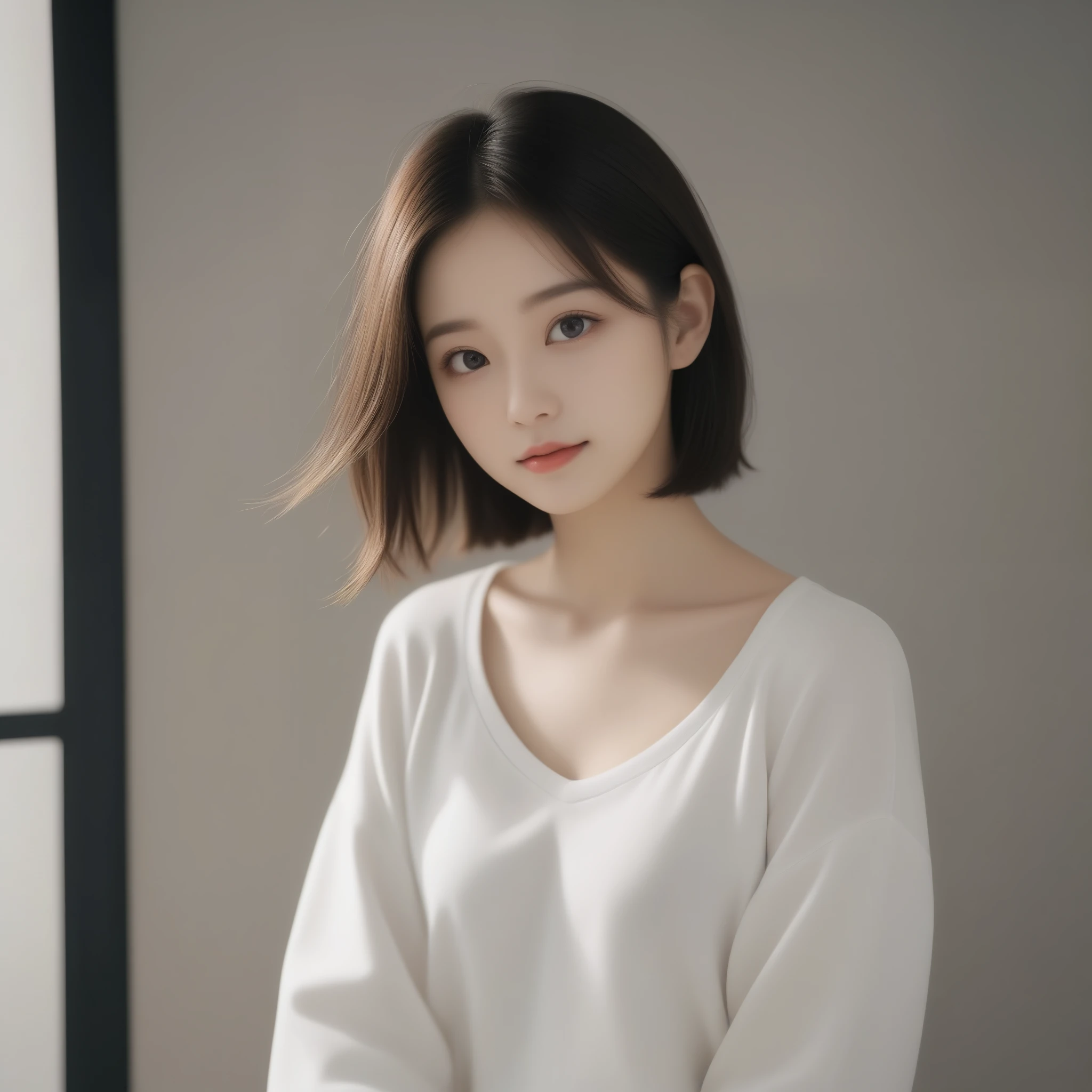 8k, Ultra-high resolution, highest quality, masterpiece, Rule of thirds photography,Surreal, photograph, 1 girl, (:1.3), pretty girl, Cute Face, Beautiful eyes in every detail, 細かくdetailedに,masterpiece,, One Girl:1.2, Japan Female Announcer, whole body, sense of cleanliness,Looking at the audience、beauty,Long neck、Laugh a little、Please close your mouth and laugh、(((Ideal body type))),A cup small breasts :2,whole body、Perfect Anatomy、鮮明なdetailed、detailed、Surreal、Light and shadow,Strong light