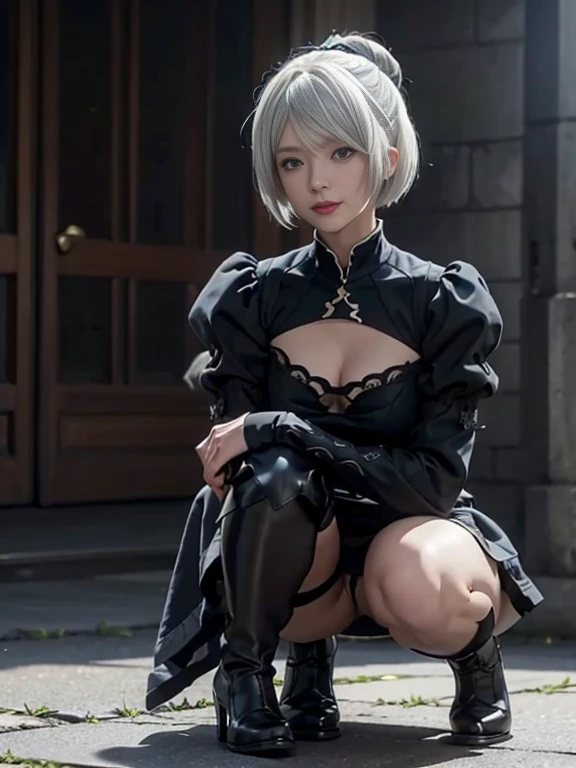 8K,Masterpiece,One woman,Close-up,skirt lift,Panty Shot,japanese sword,smile,30 years old,blue eyes,White Hair,Short Bob Hair,(Gothic ta),Dutch beauty,Ella Freya(Ella Freya),(White panties),2b, short hair, Knee socks, gloves, Long sleeve, dress, Slender figure, Cleavage, Small breasts, Gray Hair, Black hair band, boots, Puffy sleeves, black Knee socks, Black footwear, Mole, black dress, High heels, leotard, Clothing cutouts, thight boots, Cleavage cutout, Black Hairband, Juliet Sleeve, high heel boots,