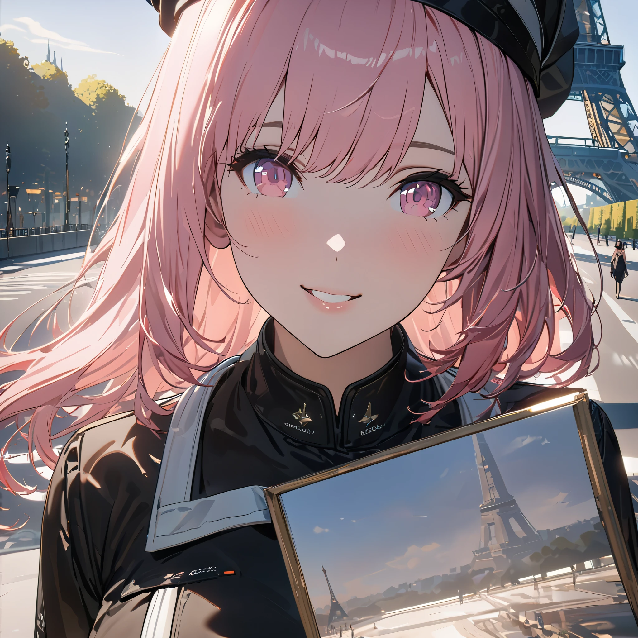 A woman wearing a professional painter's uniform, black French painter's hat, long pink hair, pink eyes, smiling, big breasts, black tights, women's shoes, holding painting items, walking on a sidewalk overlooking the Eiffel Tower, close up view, place of day, perfect face.,shadow, flower, UHD, masterpiece, accurate, anatomically correct, textured skin, super detail, high quality, best quality, 8k, high resolution, bokeh effect. (woman alone)
