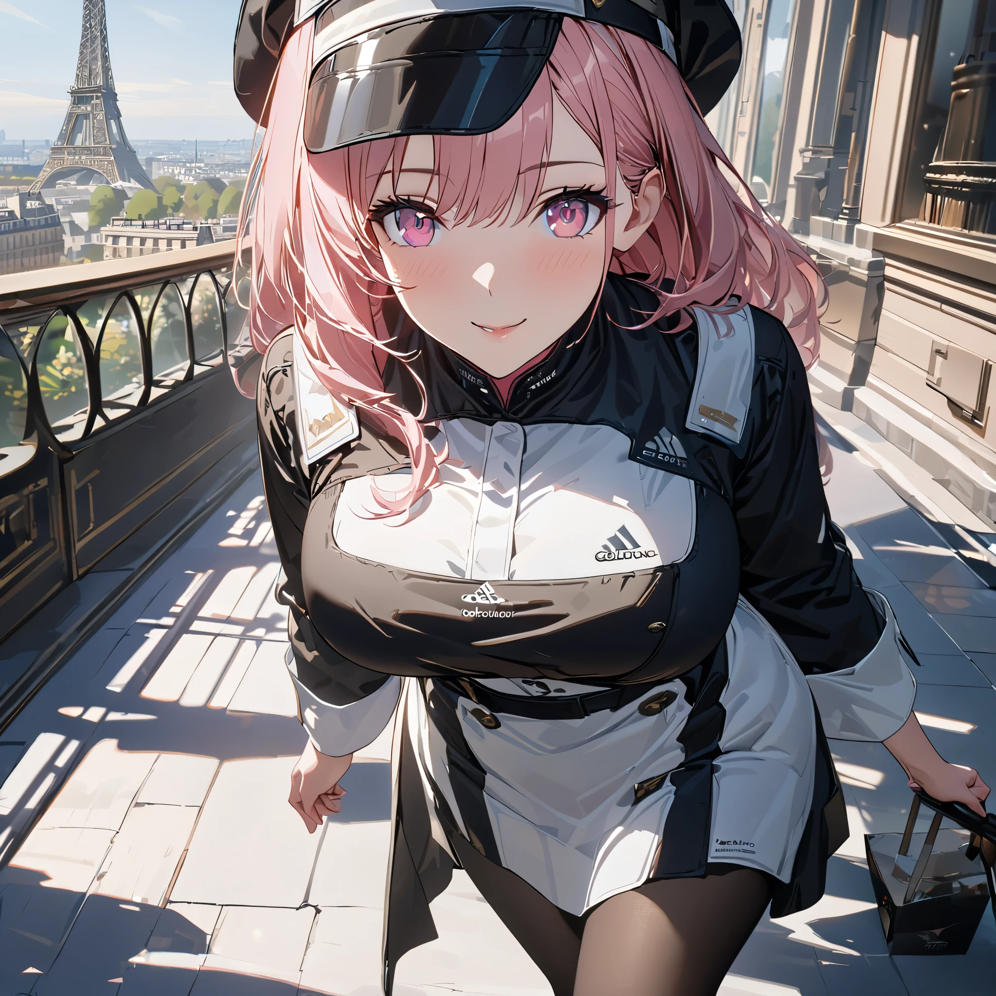 A woman wearing a professional painter's uniform, black French painter's hat, long pink hair, pink eyes, smiling, big breasts, black tights, women's shoes, holding painting items, walking on a sidewalk overlooking the Eiffel Tower, close up view, place of day, perfect face.,shadow, flower, UHD, masterpiece, accurate, anatomically correct, textured skin, super detail, high quality, best quality, 8k, high resolution, bokeh effect. (woman alone)
