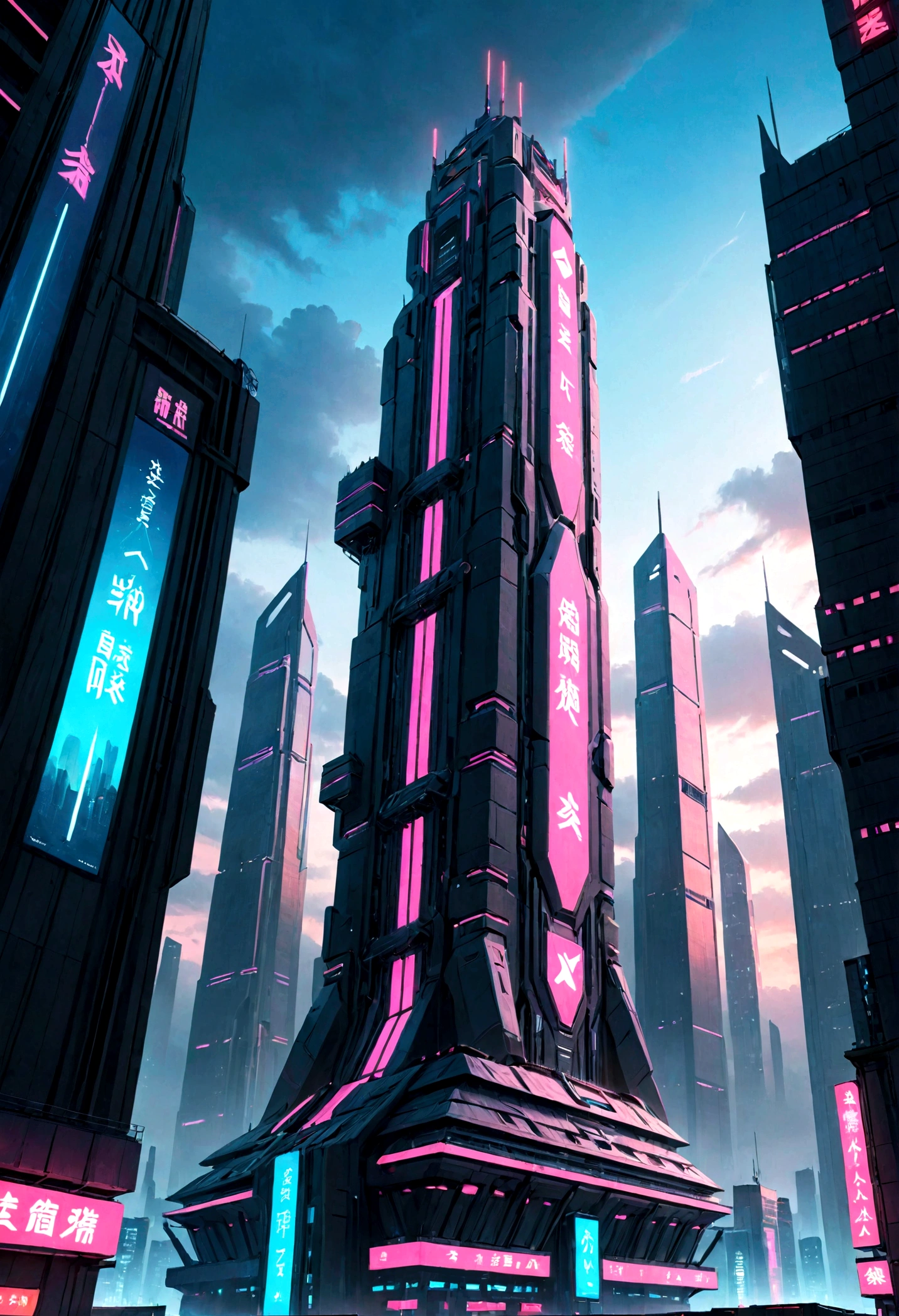 Future architecture, Cyberpunk, Tallest Building, Sky Landscape, Neon lights on buildings, 8K picture quality, masterpiece, nobody