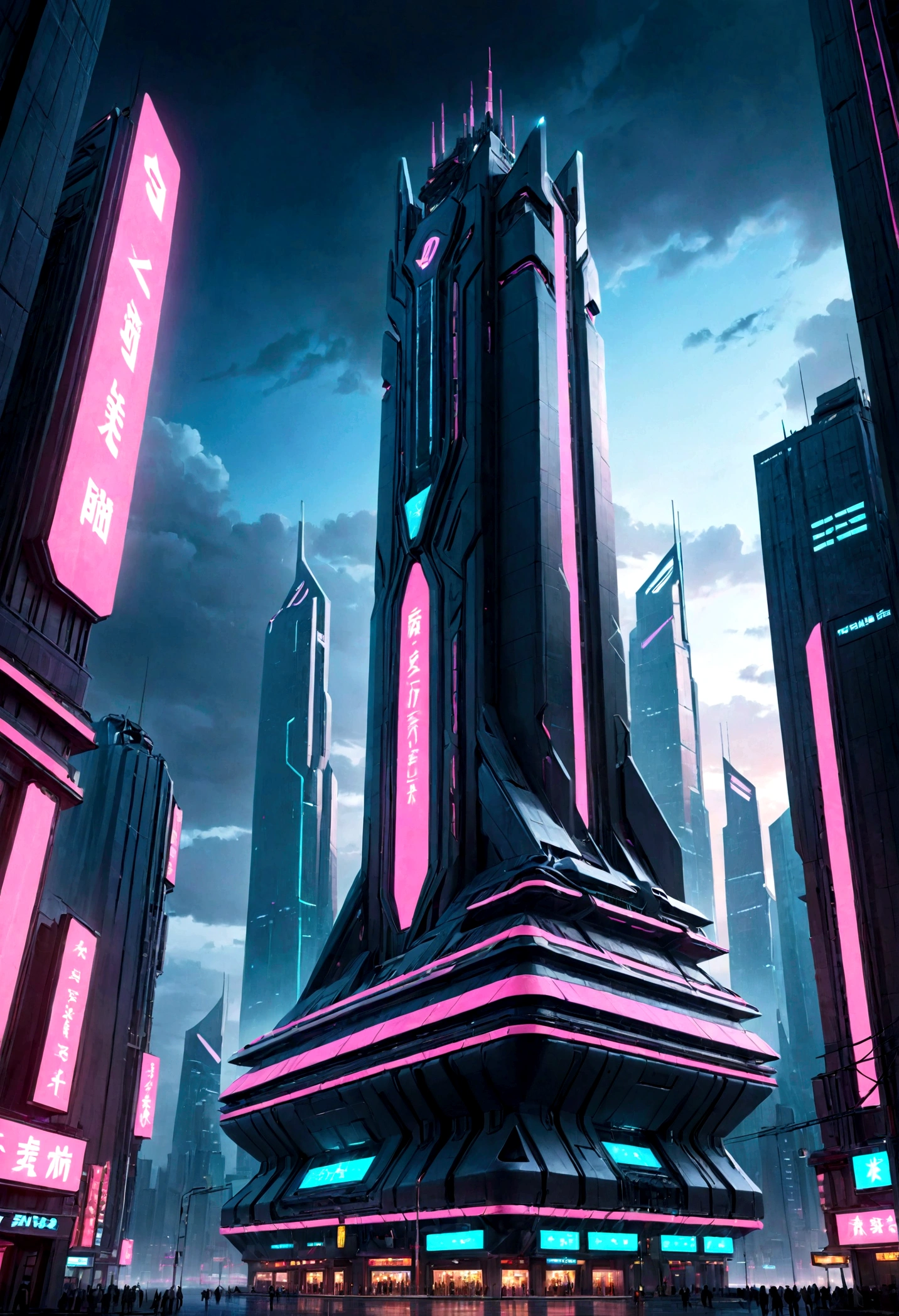 Future architecture, Cyberpunk, Tallest Building, Sky Landscape, Neon lights on buildings, 8K picture quality, masterpiece, nobody