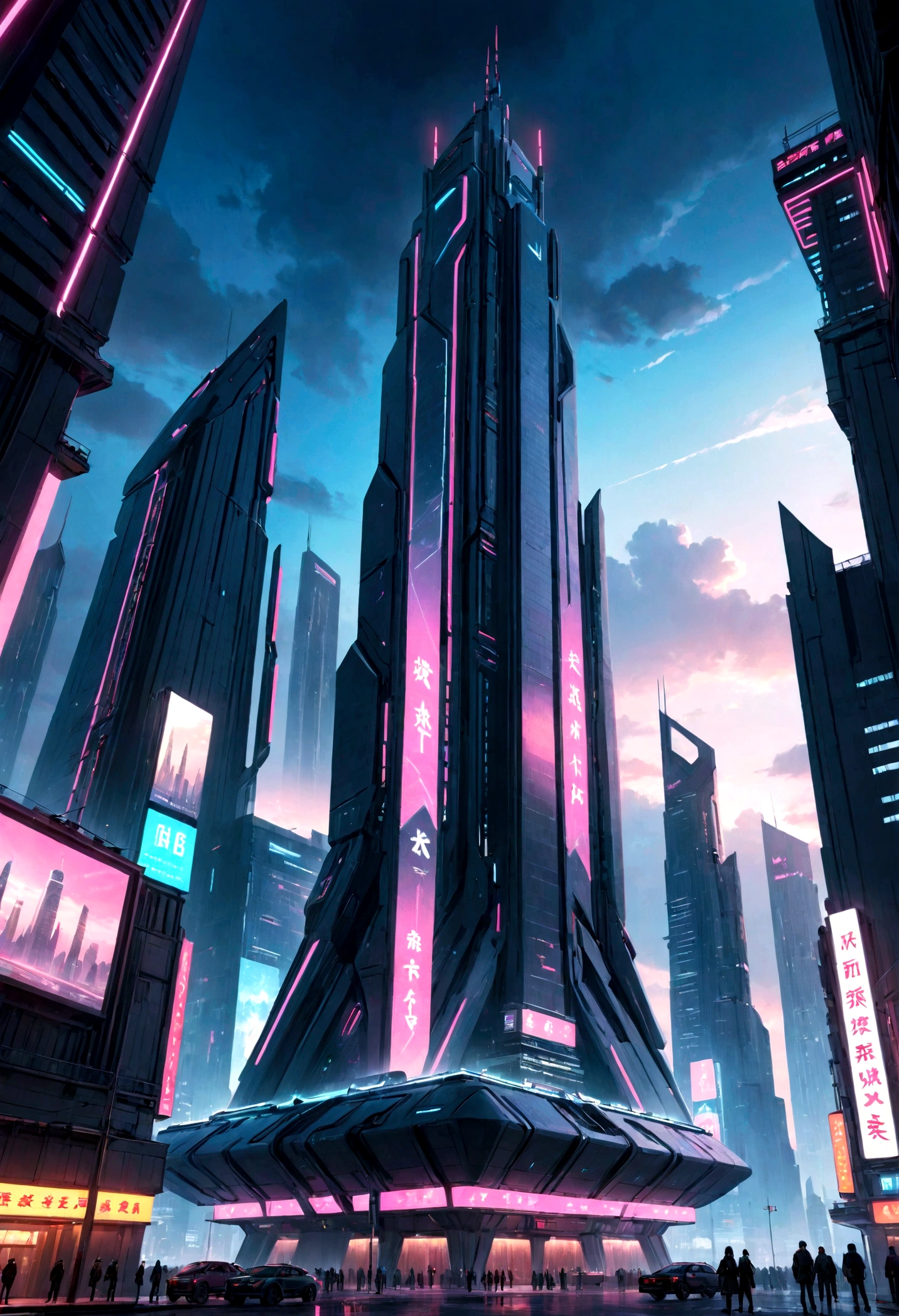 Future architecture, Cyberpunk, Tallest Building, Sky Landscape, Neon lights on buildings, 8K picture quality, masterpiece, nobody 