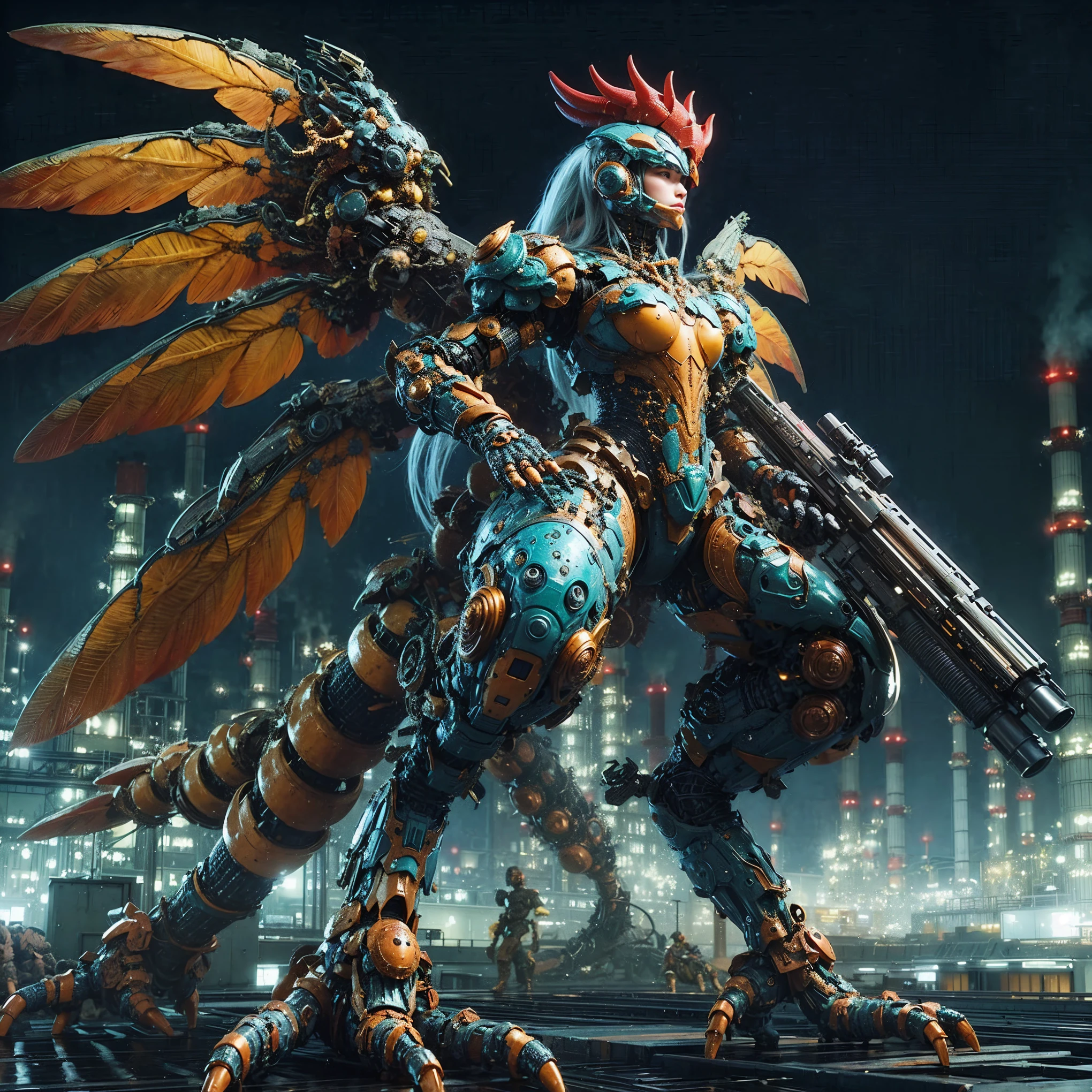 (extremely intricate all details)、(extremely realistic all Texture) 、glossy Texture、Navy blue heavy mechanical armor resembling a pillbug, designed by Hajime Katoki、1 person、Beautiful female soldier、Multi-legged、Heavyweight、Heavy Armor、Firearms、Ultra-realistic、Full Body Shot、Night view of the bayside industrial area、Spotlight lighting to illuminate characters、Please generate at least 4 copies.