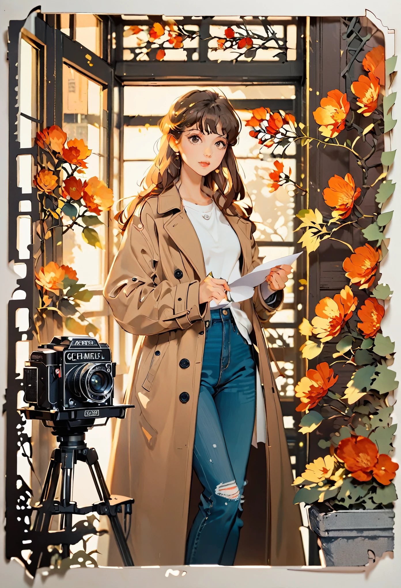 (((paper cutting style))), 1 girl, long brown hair, coat,  shirts and denim, portfolio, cinema, film, camera