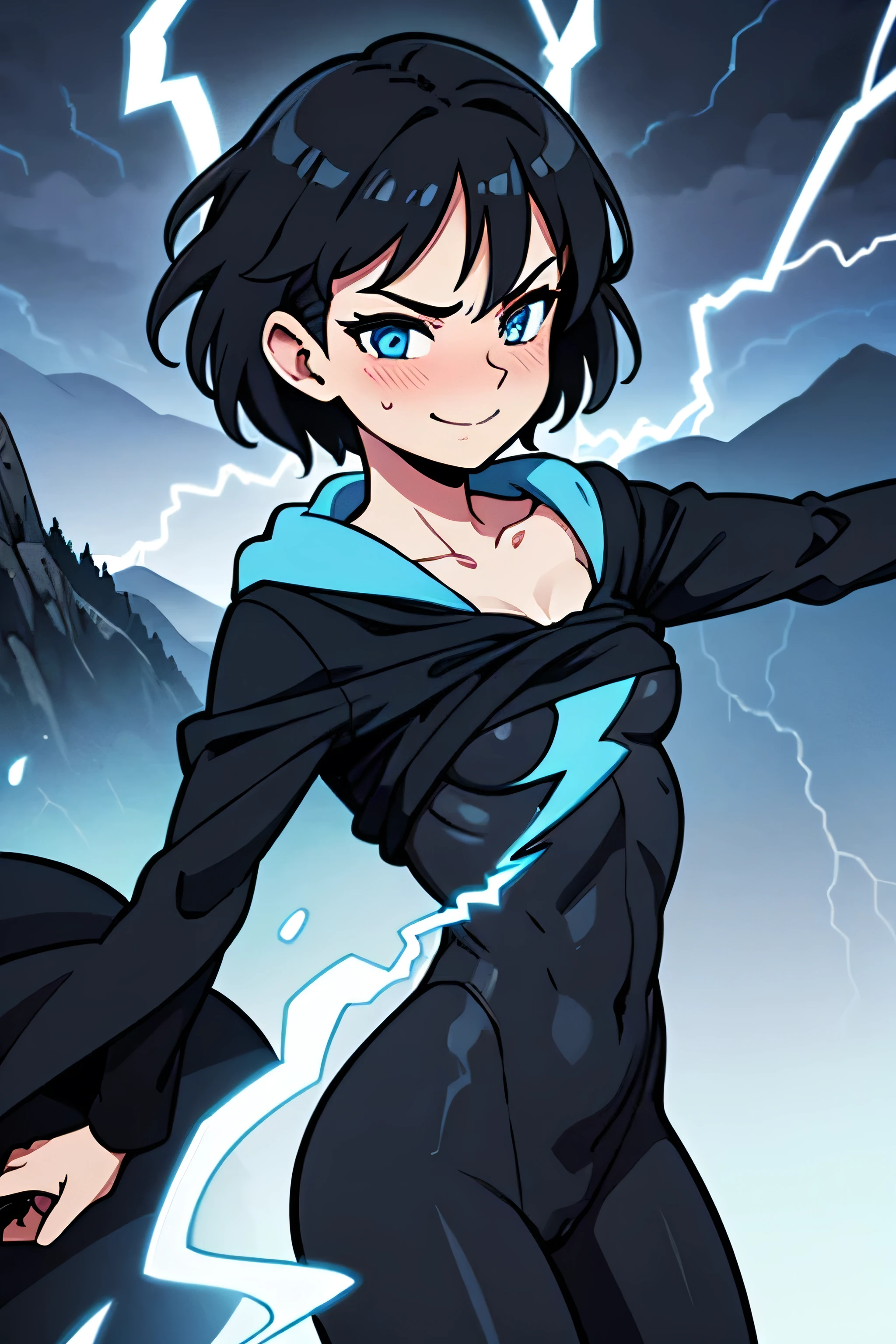 highly detailed, masterpiece, best quality, correct hands, small breasts, short black hair, blue eyes, black robes, black pants, no shirt, defined curves, smug smile, blushing, mountain background, storm, lightning, floating, stormy atmosphere, surrounded by lightning, flying, off the ground