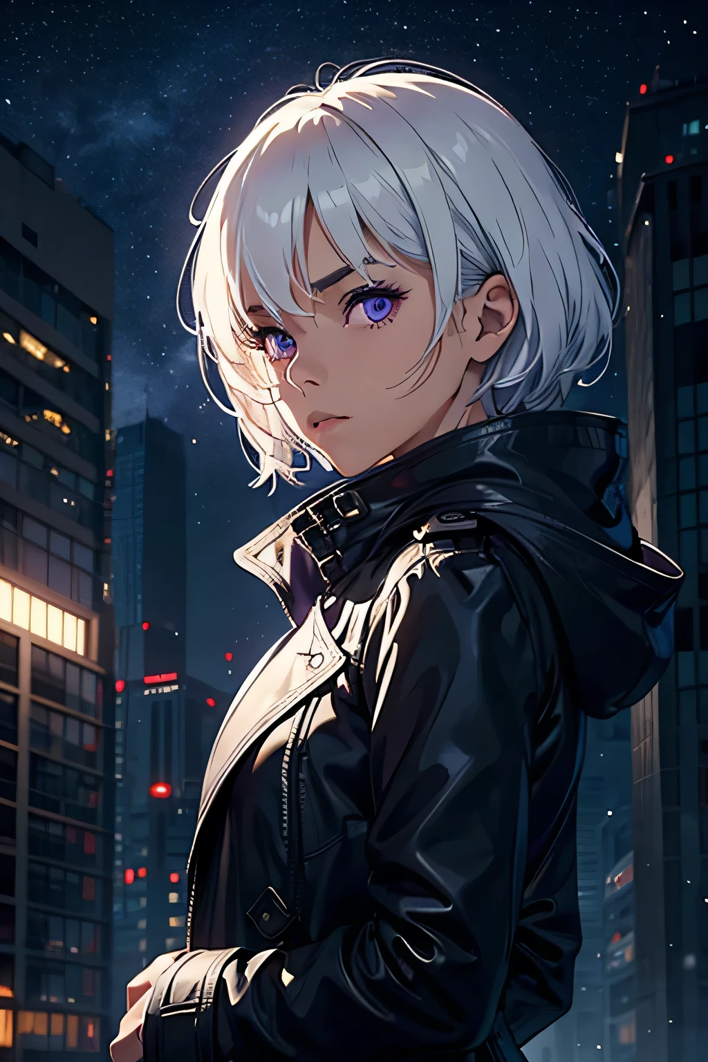 1women solo, tanned skin, short white hair, (beautiful) purple eyes, (4k detailed)
black trench coat with hood on (masterpiece) face mask covering her mouth
Background: snowy, edge of building staring down on the dark city, facing away from camera, cloudy skies, full moon, dynamic lighting, shooting stars,
Amazing clear face