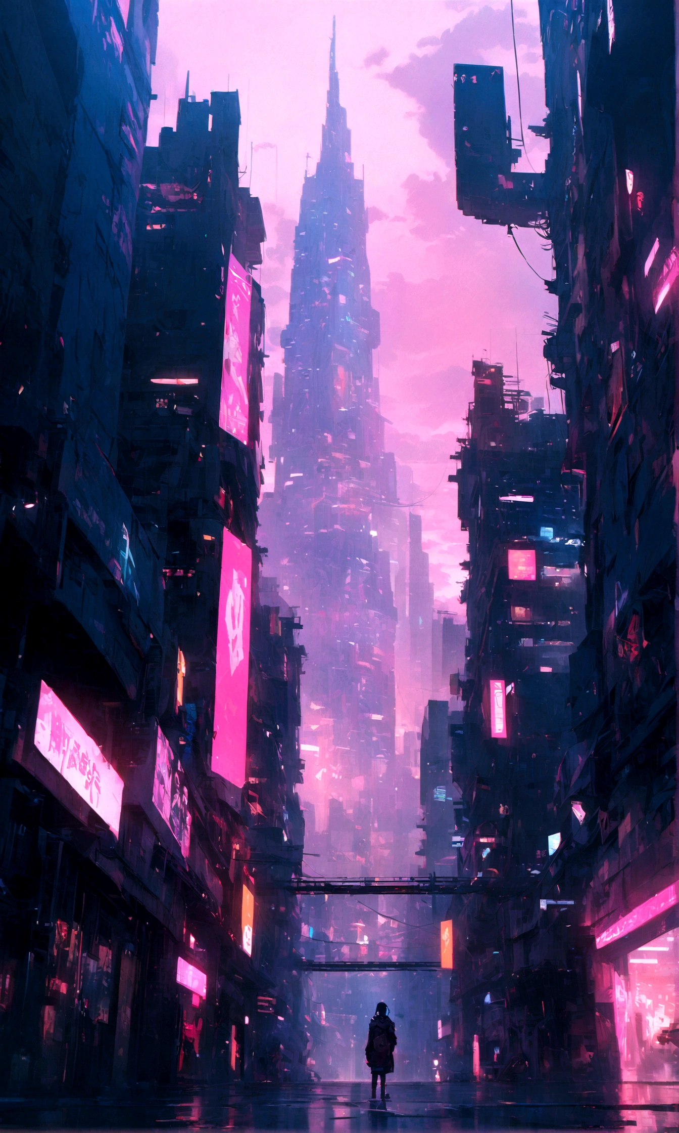 Future architecture, Cyberpunk, Tallest Building, Sky Landscape, Neon lights on buildings, 8K picture quality, masterpiece, nobody 