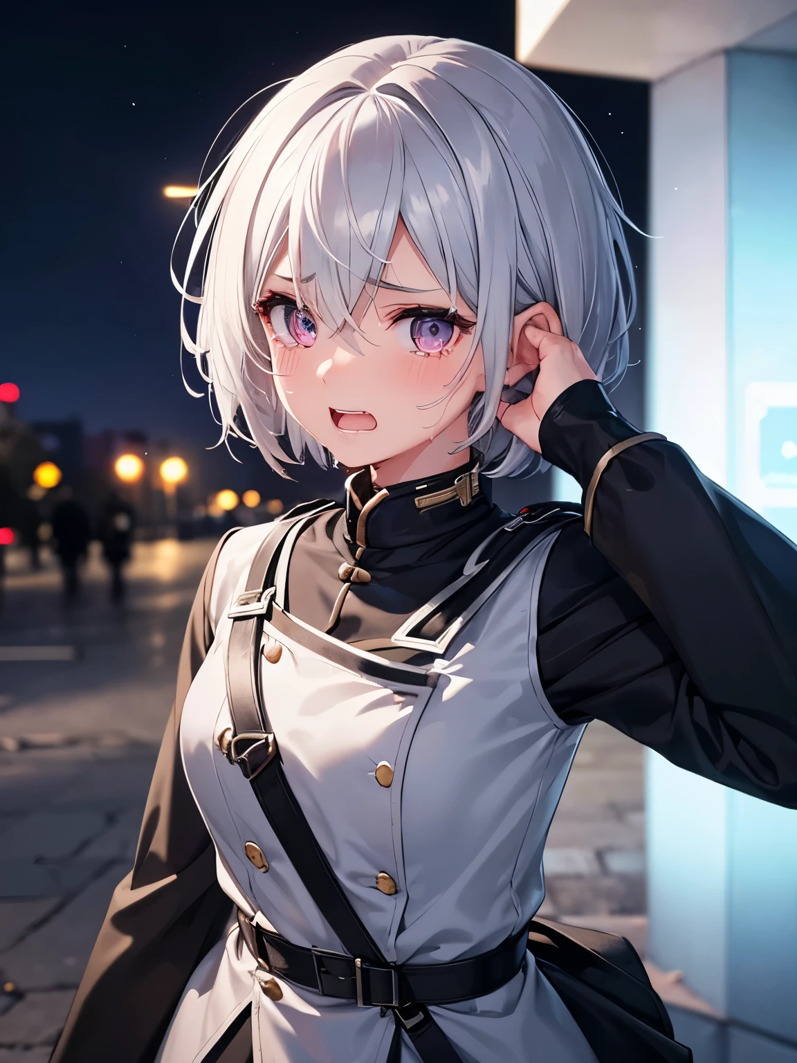 1girl,silver hair,silver eyes,black army uniform, Crying, teeth showing, hysterical, tears coming out, short hair, standing in the park, at night, close up photo, Ultra detail, ultra HD, masterpiece 