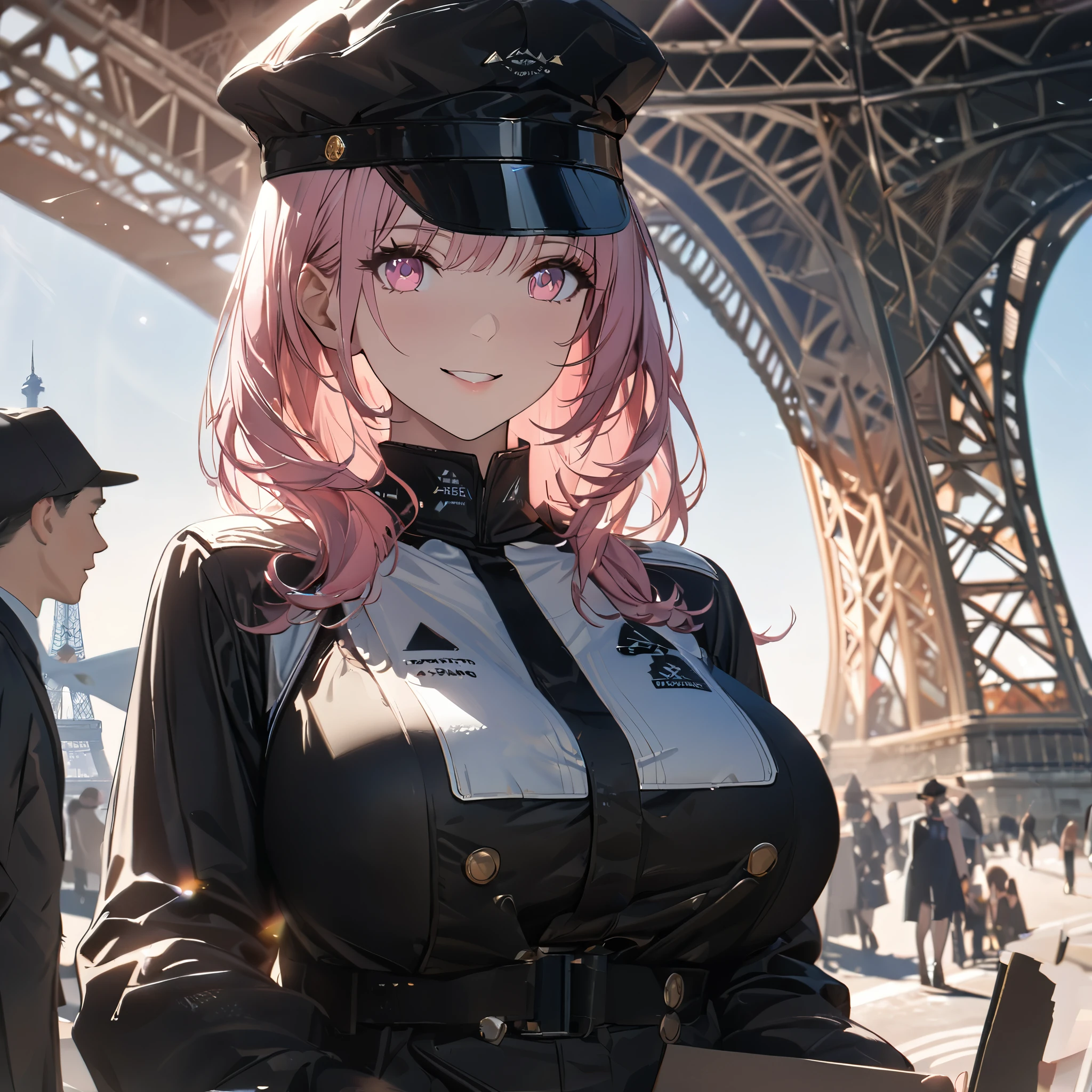 A woman wearing a professional painter's uniform, black French painter's hat, long pink hair, pink eyes, smiling, big breasts, black tights, women's shoes, holding painting items, walking on a sidewalk overlooking the Eiffel Tower, close up view, place of day, perfect face.,shadow, flower, UHD, masterpiece, accurate, anatomically correct, textured skin, super detail, high quality, best quality, 8k, high resolution, bokeh effect. (woman alone)
