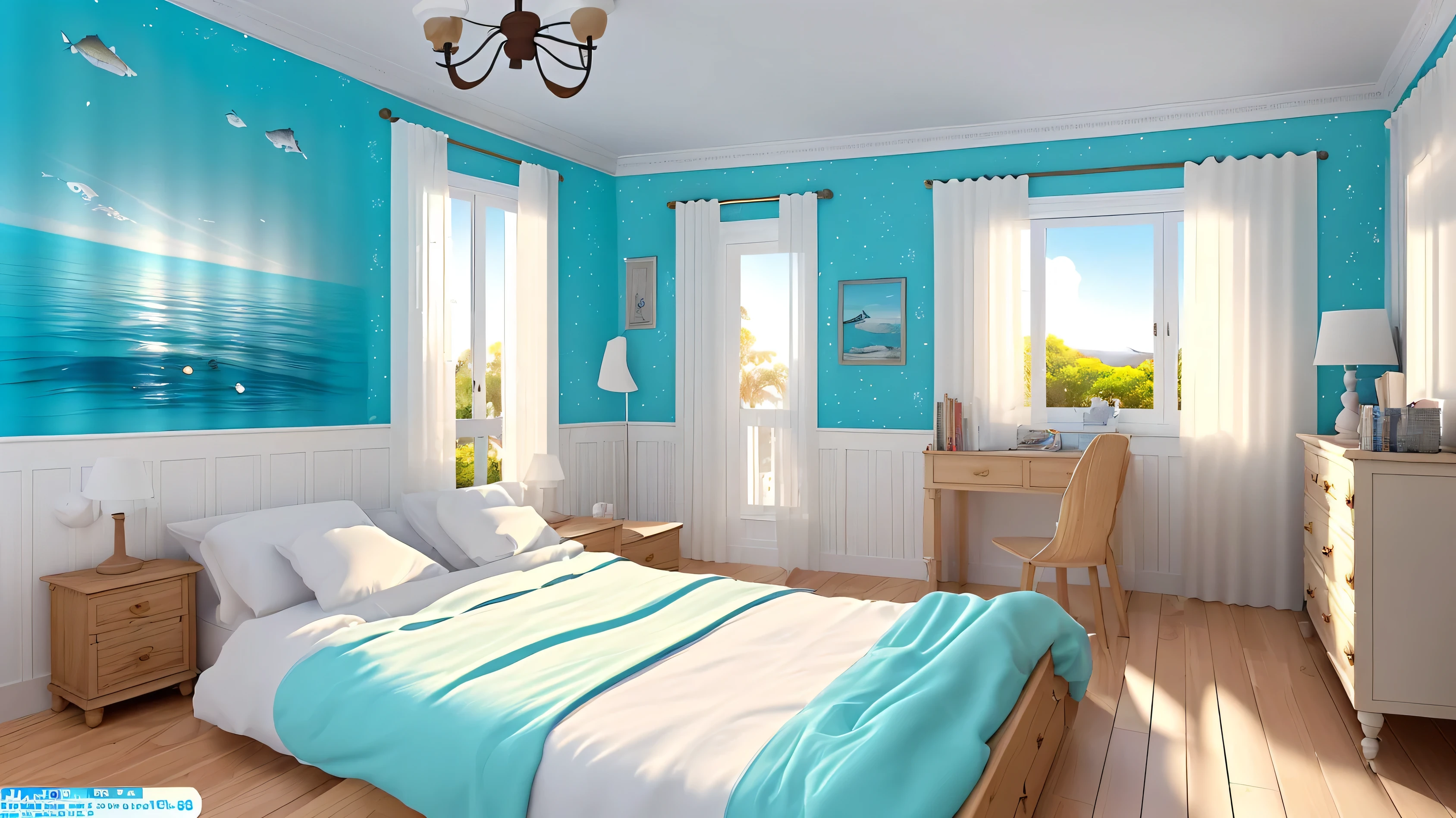 Create a detailed description of a European-style bedroom for a typical family home, including: * White curtains * Wood deck * White wallpaper * Toys * Extremely precise and very detailed drawing * Resolution: 16k * Beautifully rendered ocean poster * Morning sun * Sunlight Please provide a written description of the scene that meets the above specifications.